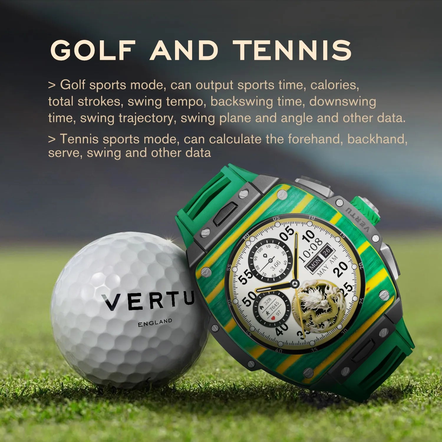 VERTU GRAND Diamonds Smart Watch for Men - Bespoke Gold - Yellow-Green Carbon Fiber