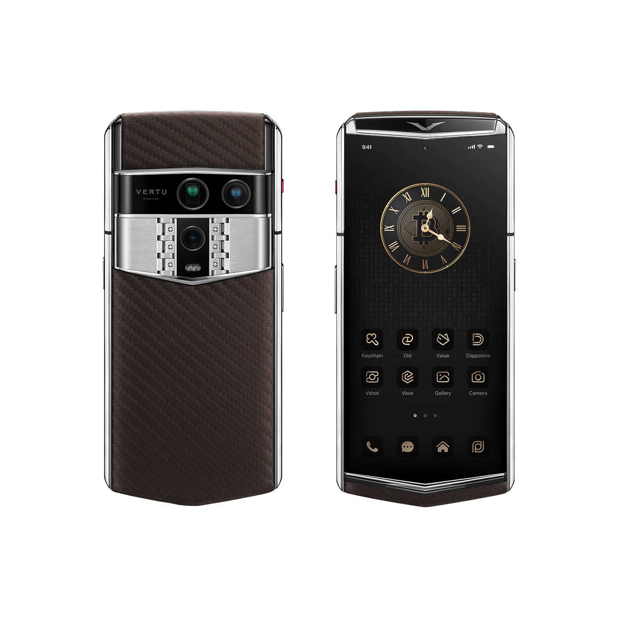 Vertu Agent Q Carbon Pattern Calfskin luxury smartphone front and back view featuring premium carbon pattern calfskin leather, modern texture design and high-end craftsmanship