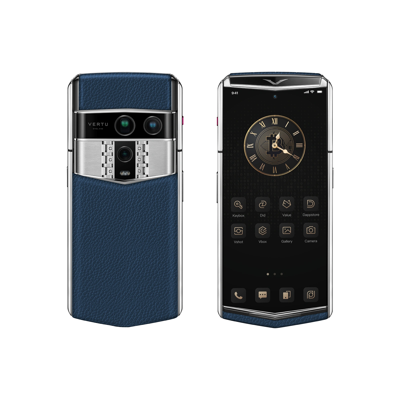 Vertu Agent Q Grained Calfskin Deep Blue luxury smartphone front and back view featuring premium grained calfskin leather in deep blue, elegant design and advanced craftsmanship