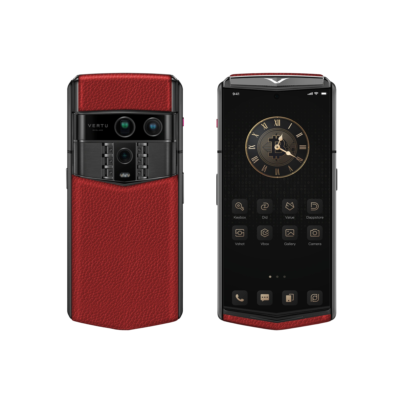 Vertu Agent Q Grained Calfskin Raspberry Red luxury smartphone front and back view featuring premium grained calfskin leather in vibrant raspberry red, iconic design and high-end craftsmanship
