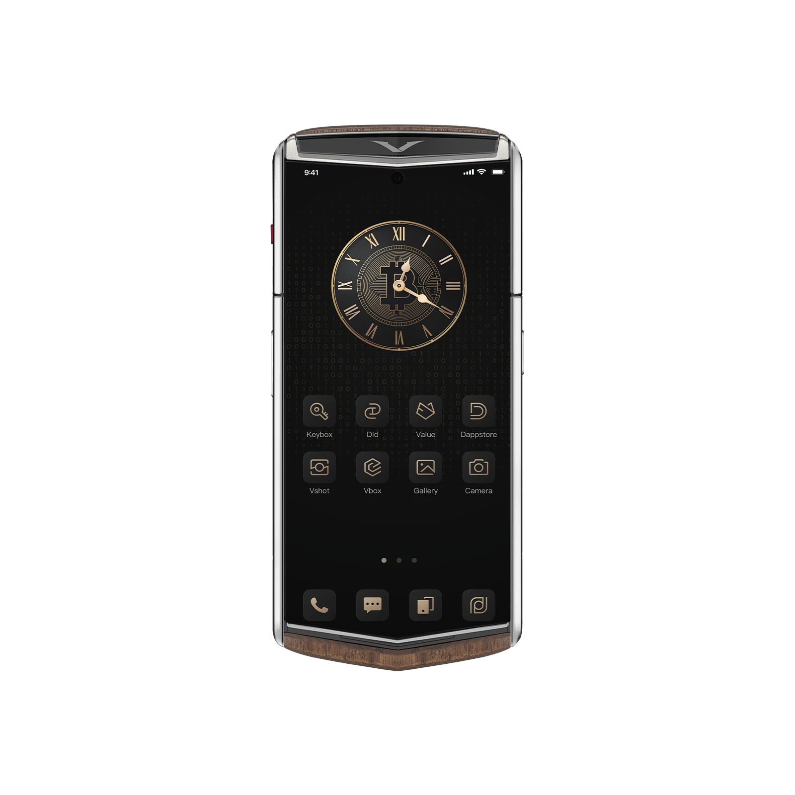 Vertu Agent Q Solid Walnut luxury smartphone front view showcasing elegant display, refined design and premium craftsmanship