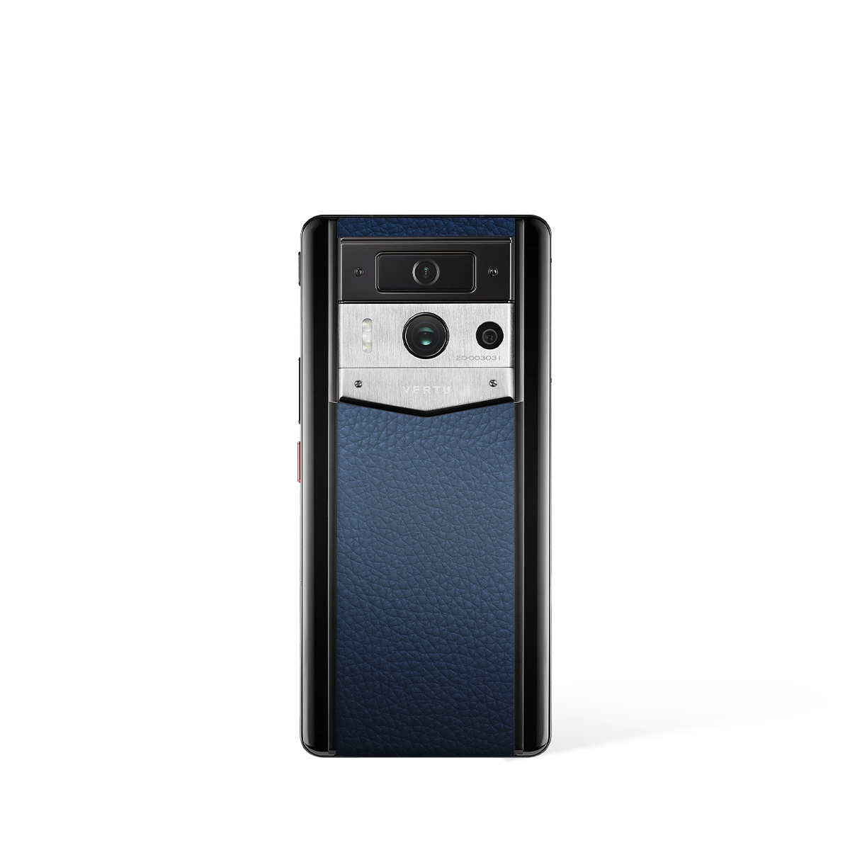 Vertu Metavertu Max Calfskin Black Ceramic Frame Silver Plate blue luxury smartphone back view with premium calfskin leather texture and ceramic frame design