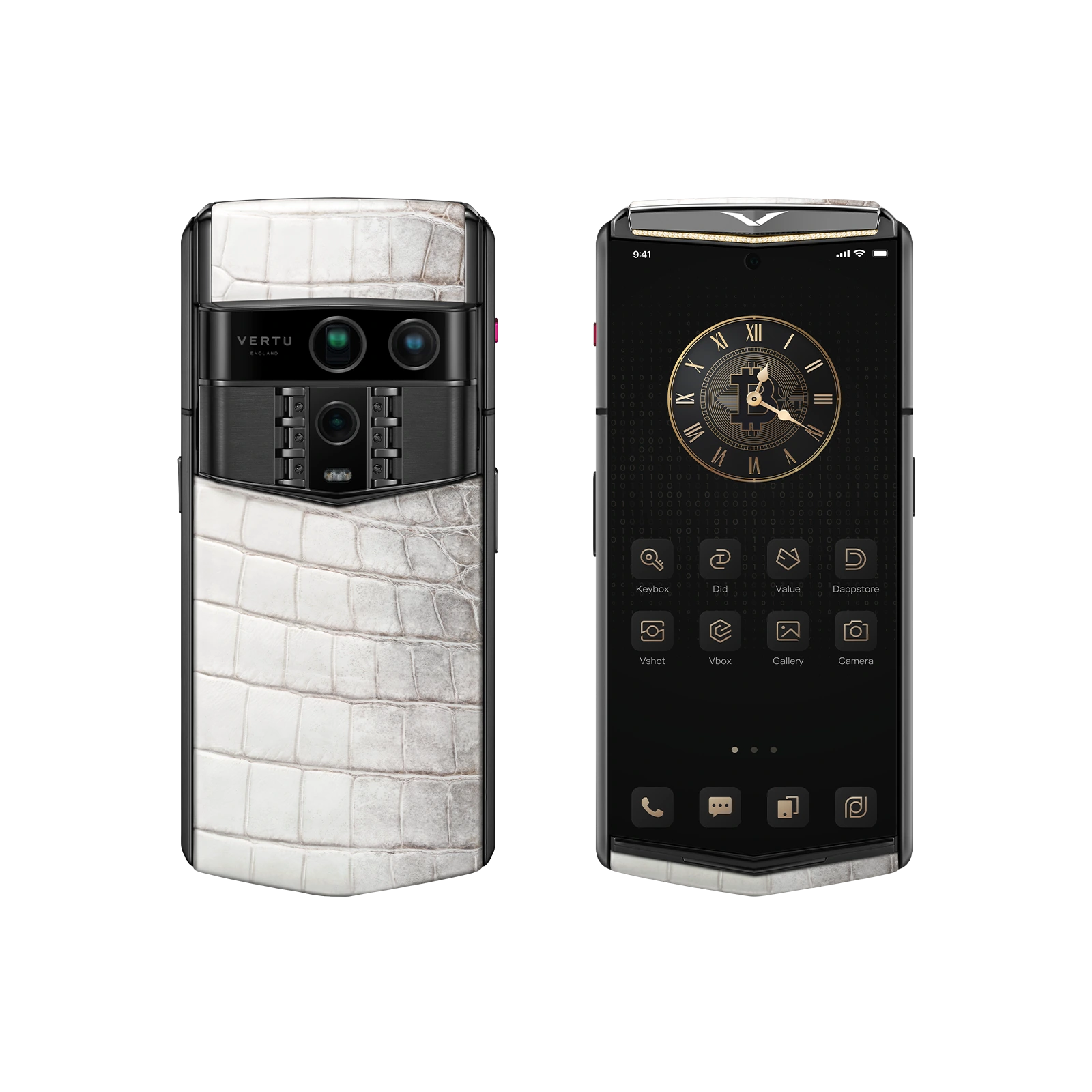 Vertu Agent Q Himalaya Alligator Gold and Diamond luxury smartphone front and back view featuring premium Himalaya alligator leather with gold accents and diamond detailing, refined design and high-end craftsmanship