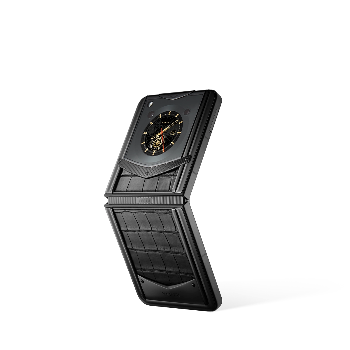 VERTU IRONFLIP Obsidian Black Alligator Skin Luxury Folding Phone Half Folded View