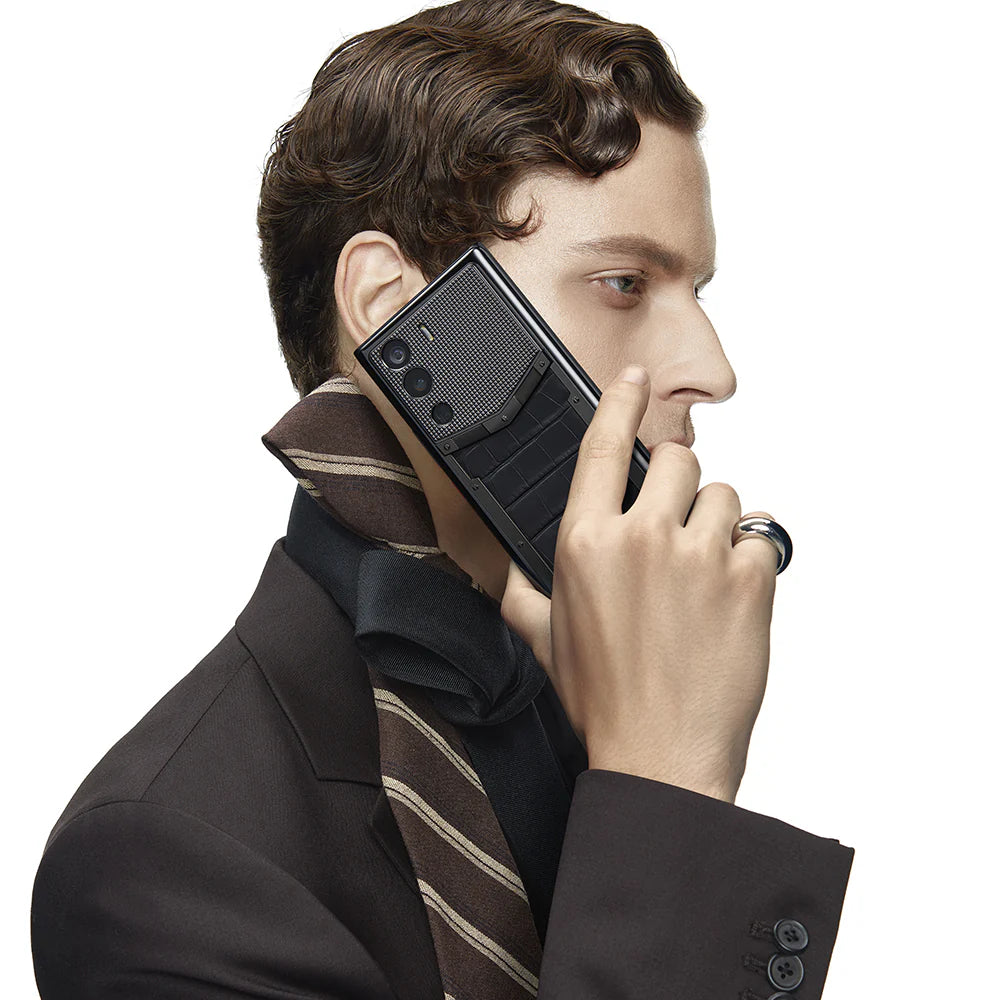 Vertu Metavertu Black Alligator Skin 5G Web3 Smartphone Lifestyle Side Profile View.