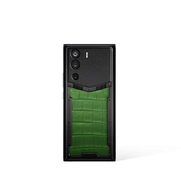 Vertu Metavertu Dark Green Alligator Skin Luxury 5G Web3 Smartphone Rear Perspective View.