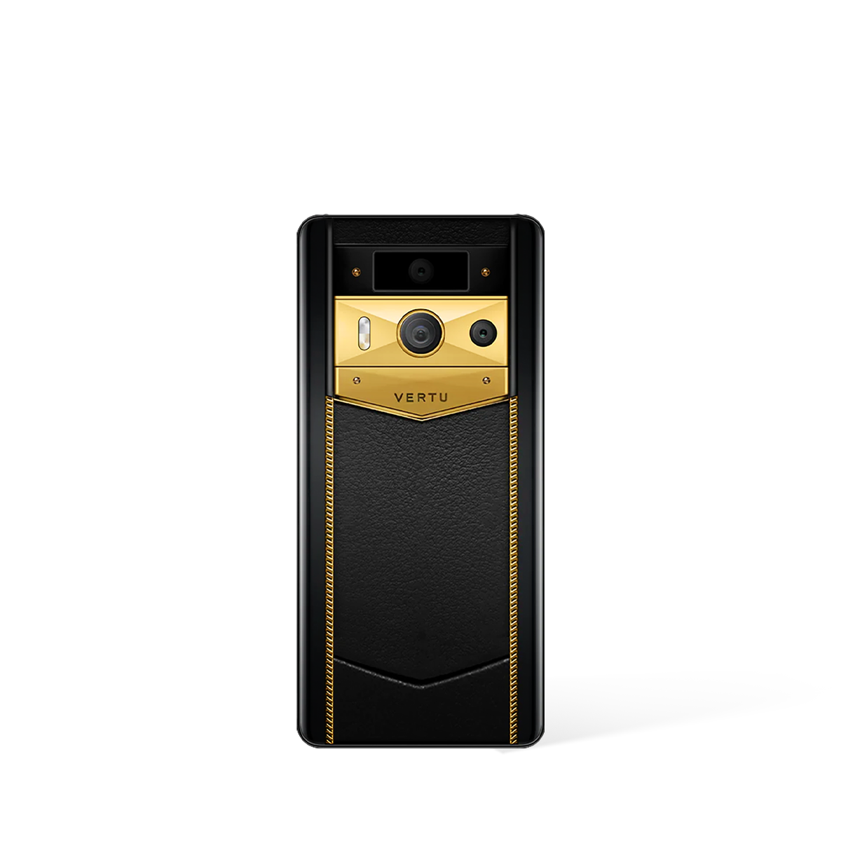 metavertu max back view: premium handcrafted calfskin leather featuring 18k gold-plated armor accents and the iconic v-shape camera module.