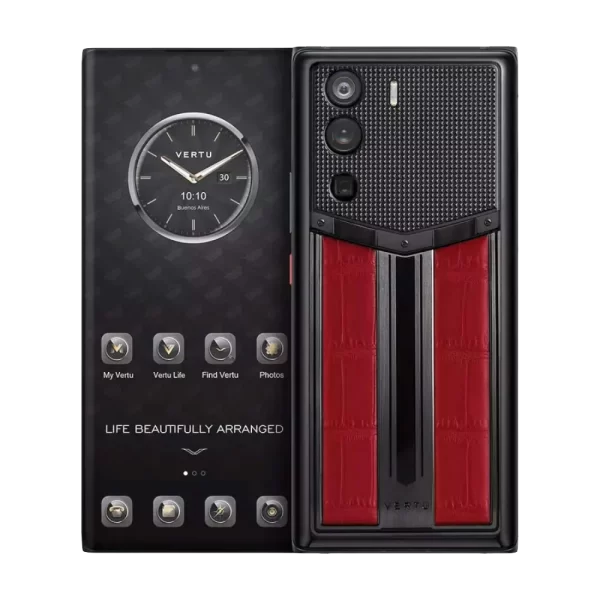 Vertu METAVERTU Flame Red Race Track Alligator Skin Luxury Web3 Phone Front and Back Comparison