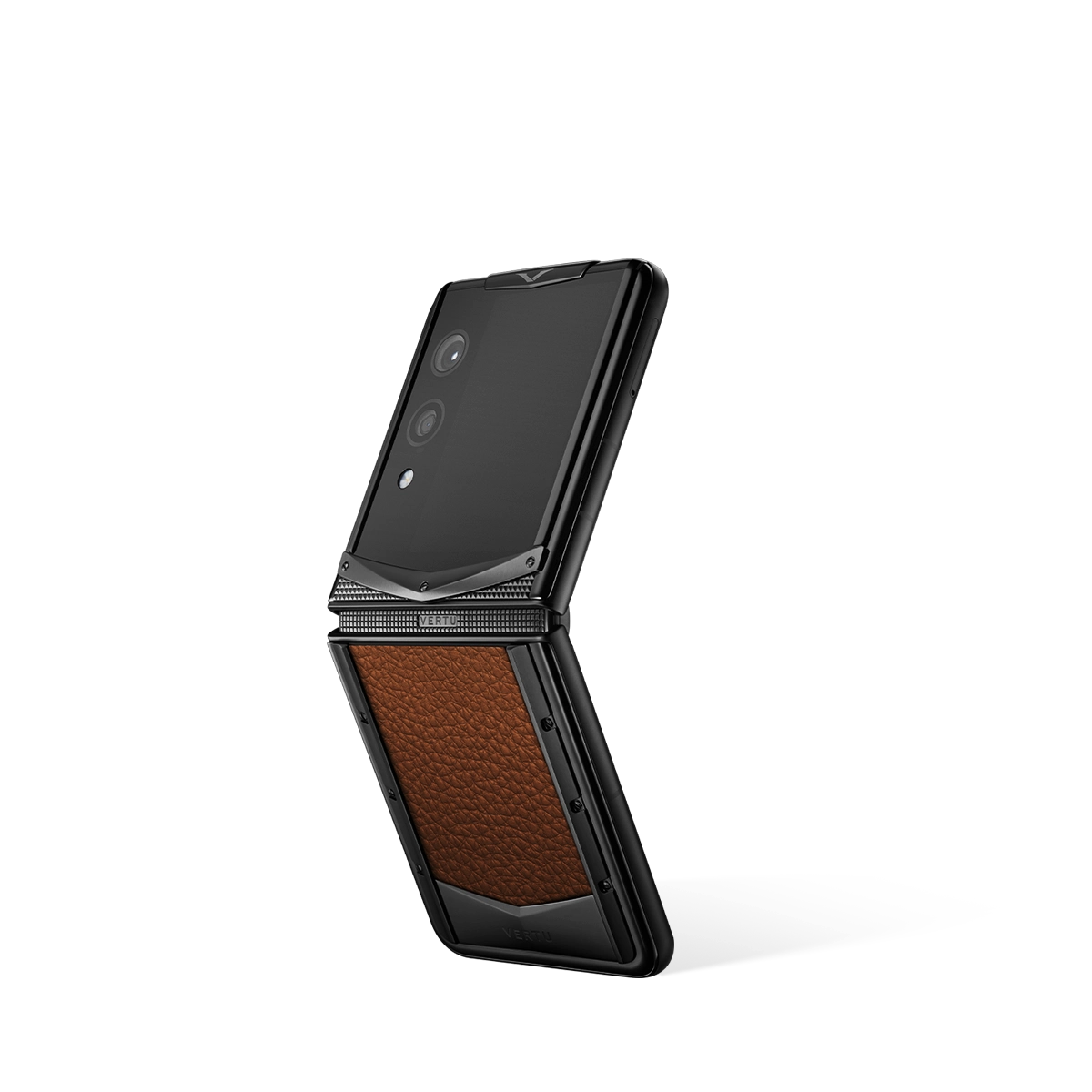 Vertu Quantum Flip Calfskin Series Caramel Brown luxury foldable smartphone side view