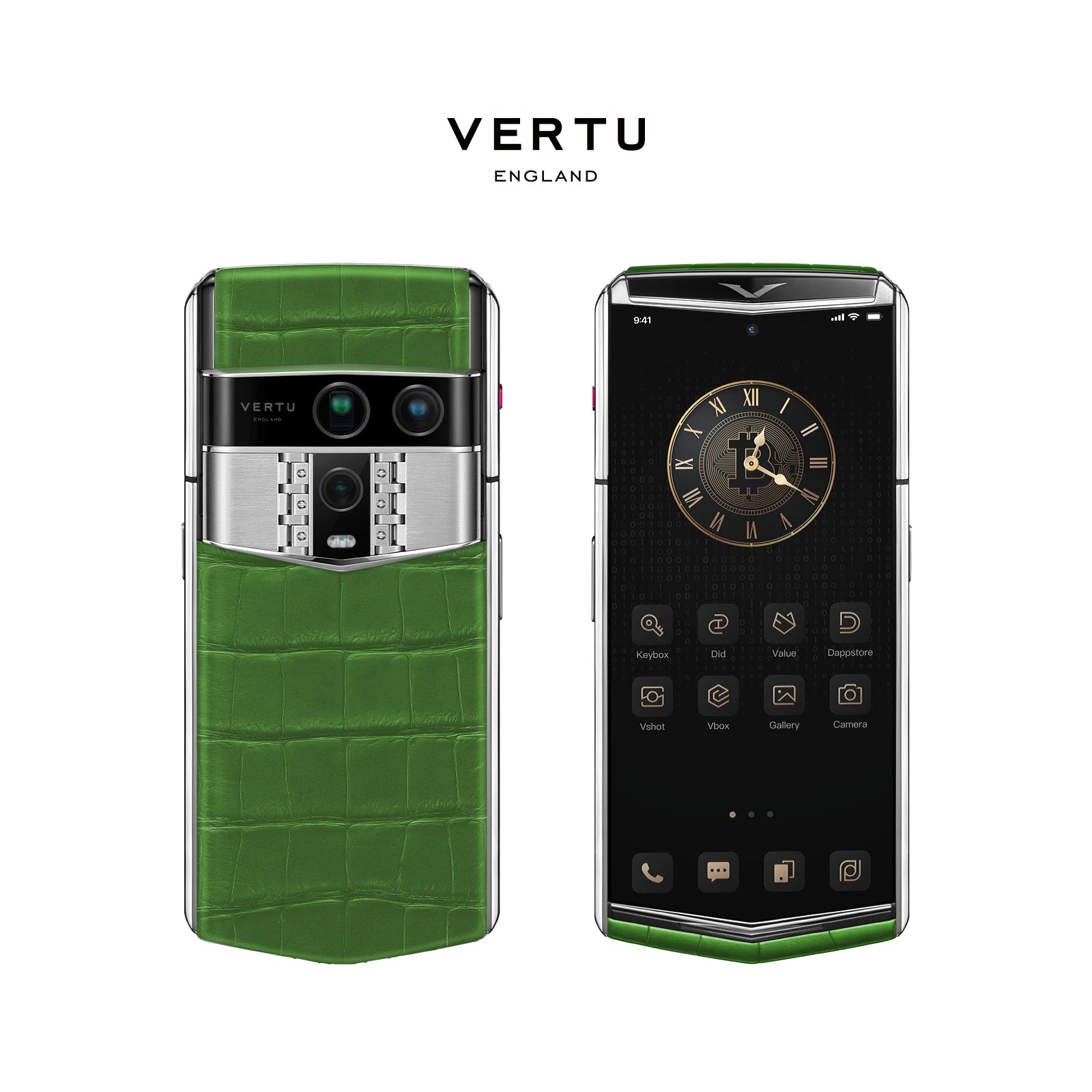 Vertu Agent Q Alligator Bamboo Green luxury smartphone front and back view featuring premium alligator leather in bamboo green, sophisticated design and premium craftsmanship