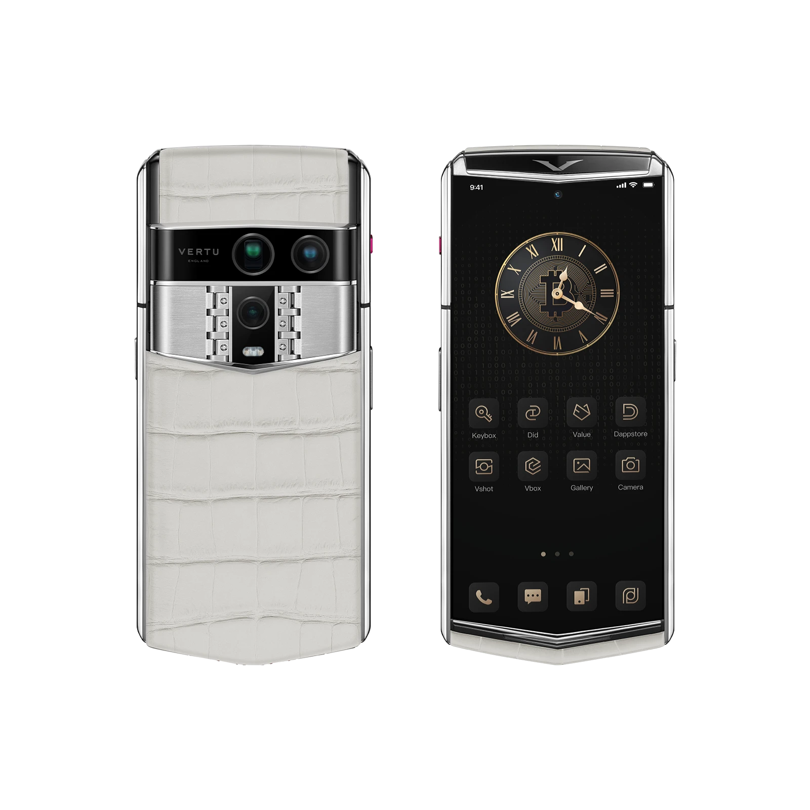 Vertu Agent Q Alligator Glacier White luxury smartphone front and back view featuring premium alligator leather in elegant glacier white, refined design and high-end craftsmanship