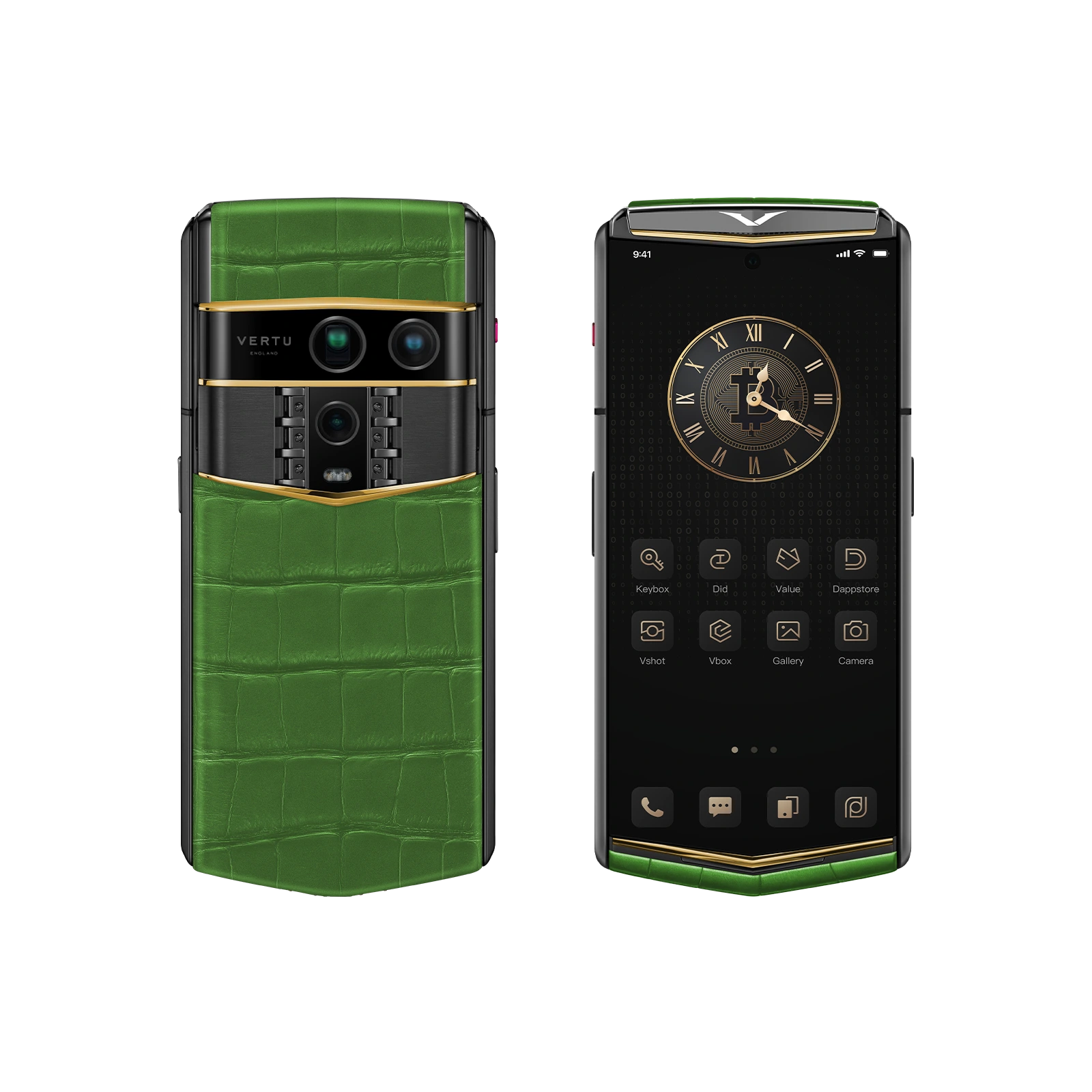 Vertu Agent Q Alligator Gold Accent Bamboo Green Bespoke luxury smartphone front and back view featuring premium alligator leather in bamboo green with gold accents, bespoke design and high-end craftsmanship