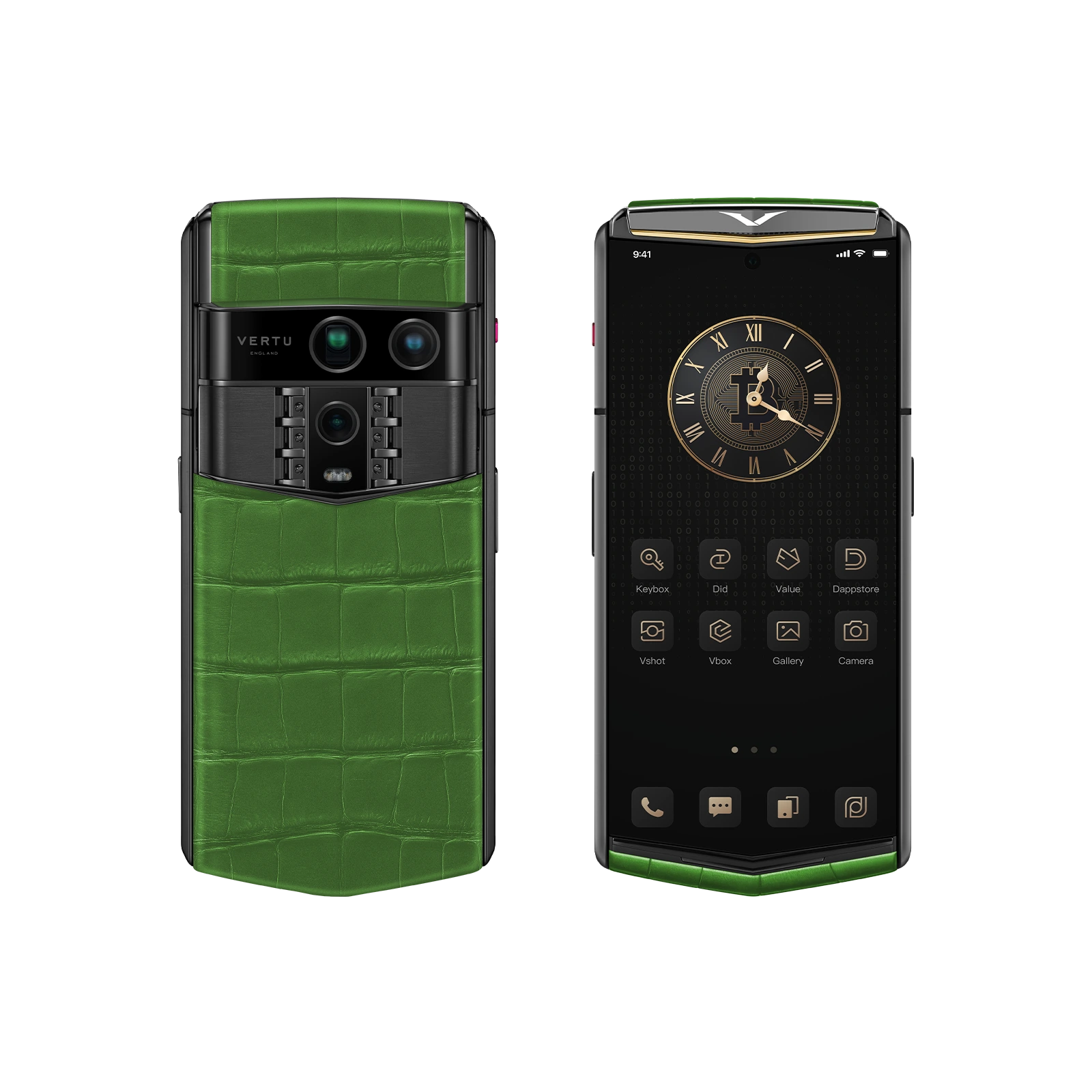 Vertu Agent Q Alligator Gold Accent Bamboo Green Bespoke luxury smartphone front and back view featuring premium alligator leather in bamboo green with gold accents, bespoke design and high-end craftsmanship