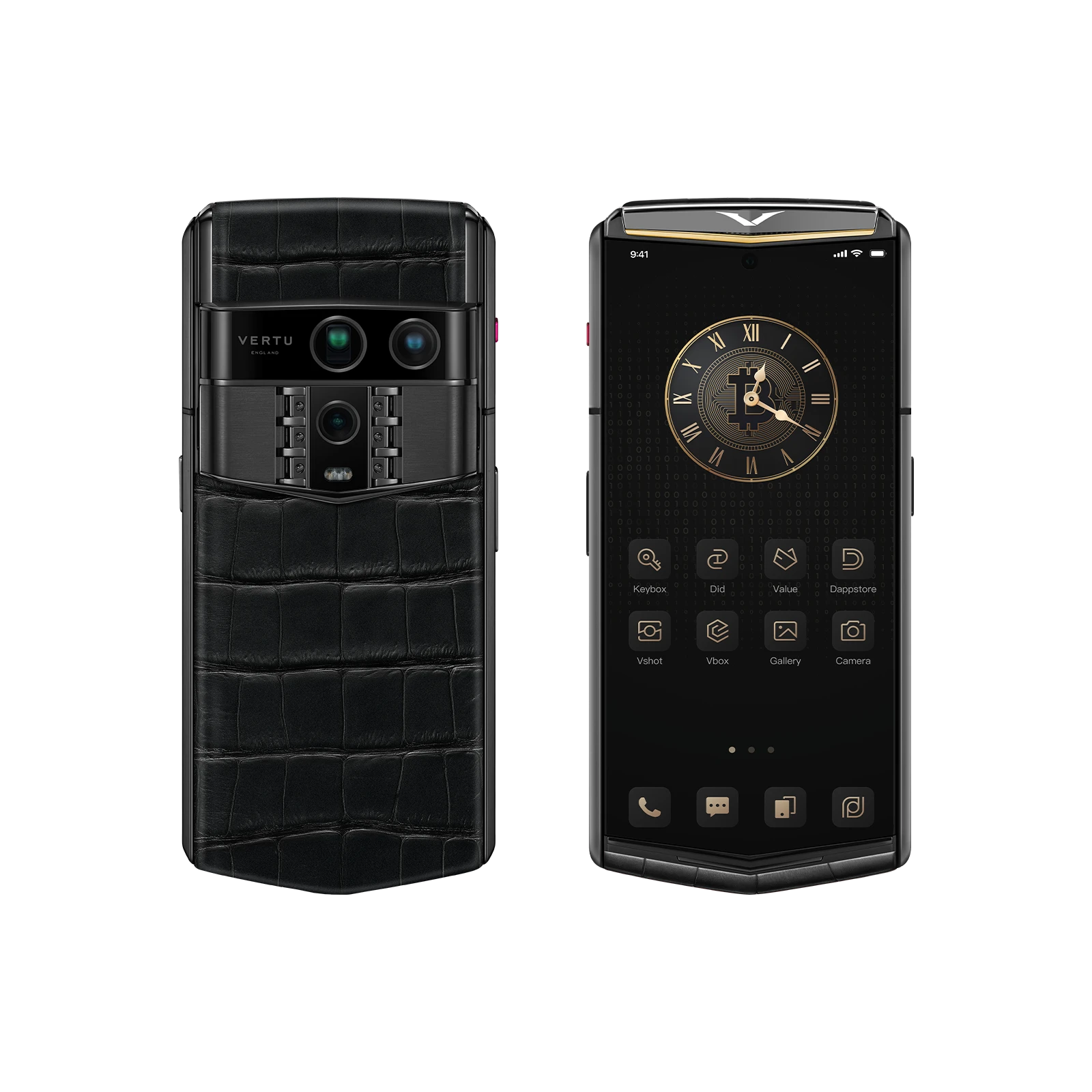Vertu Agent Q Alligator Gold Accent Iron Black luxury smartphone front and back view featuring premium alligator leather in iron black with gold accents, elegant design and high-end craftsmanship