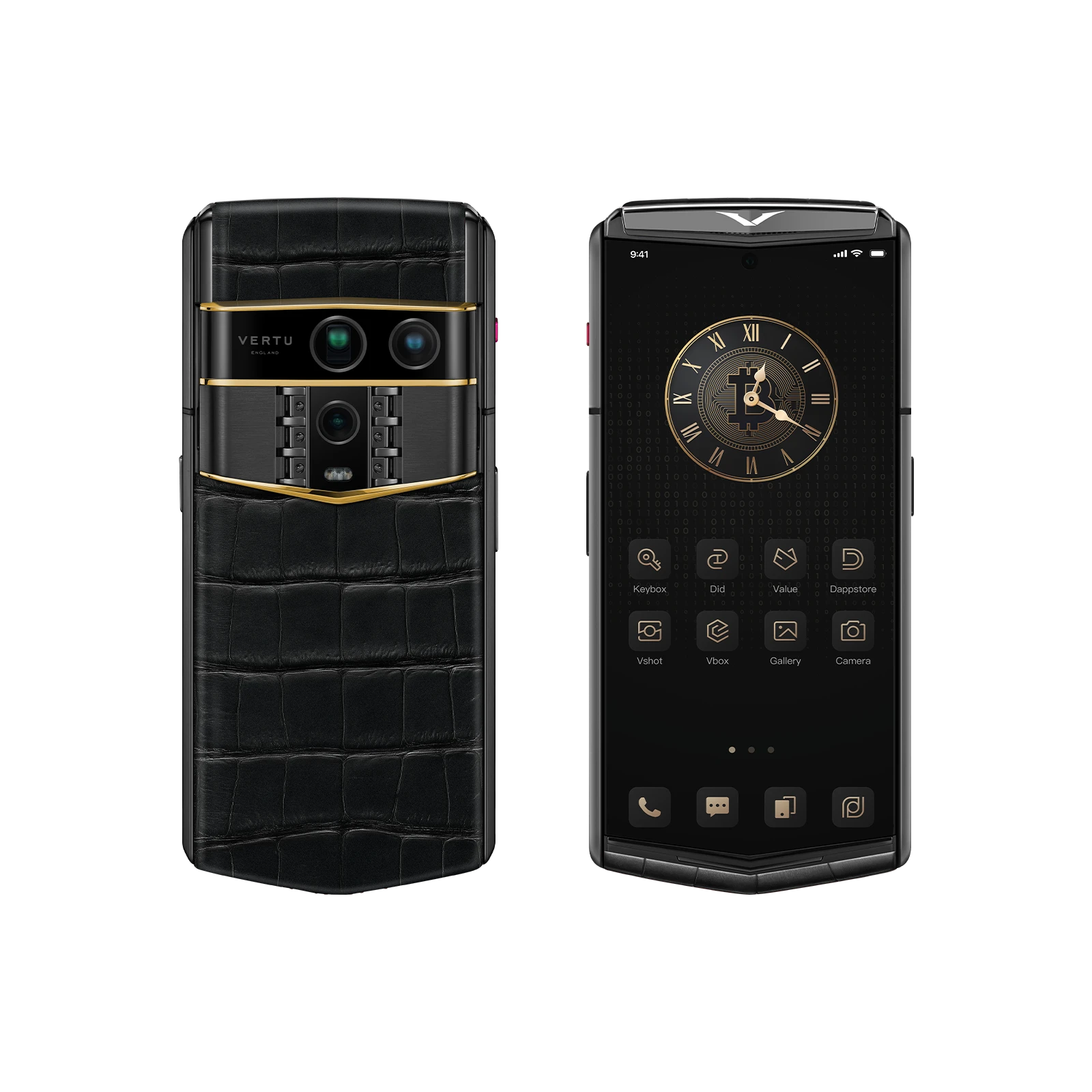 Vertu Agent Q Alligator Gold Accent Iron Black luxury smartphone front and back view featuring premium alligator leather in iron black with gold accents, elegant design and high-end craftsmanship