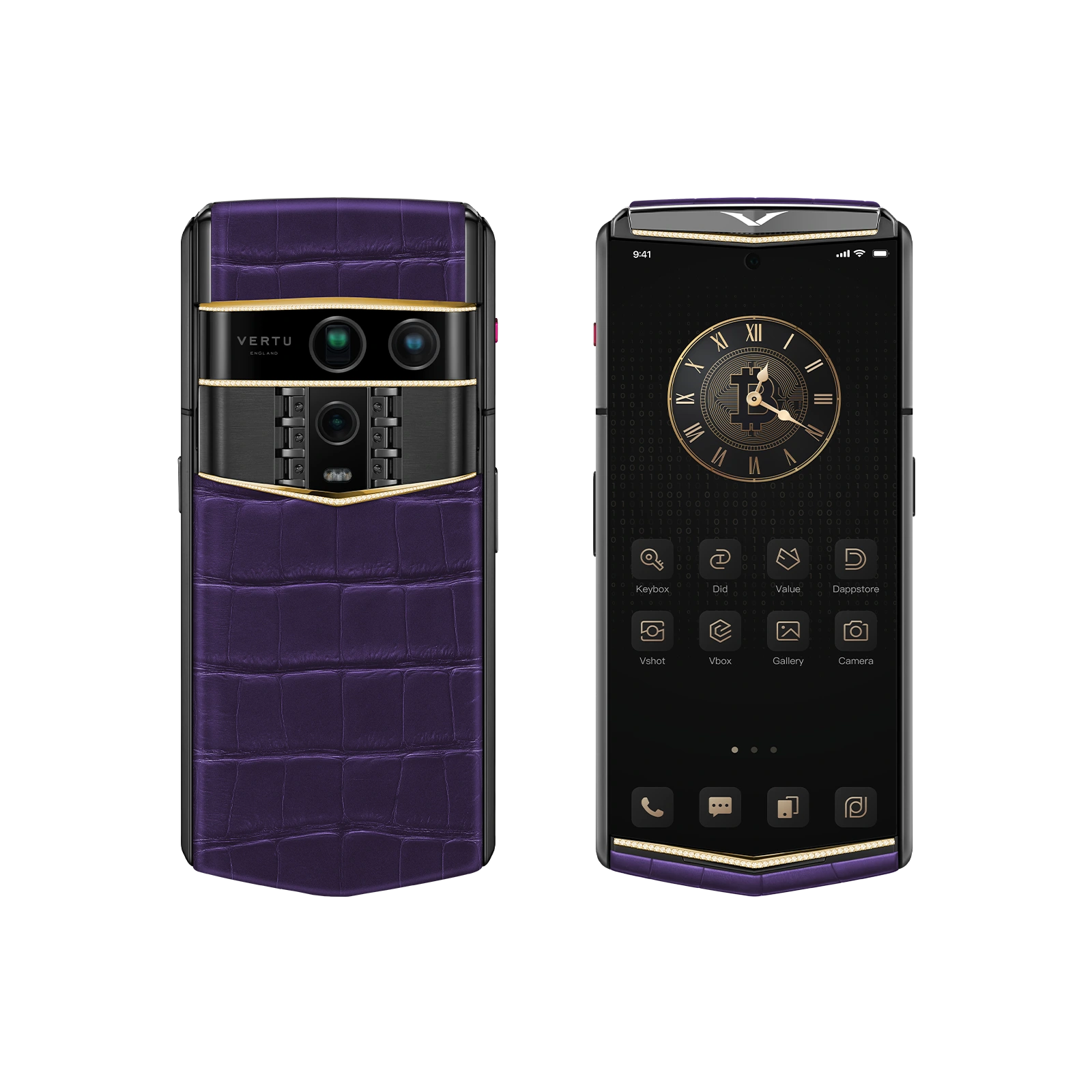 Vertu Agent Q Alligator Gold and Diamond Grape Purple Bespoke luxury smartphone front and back view featuring premium alligator leather in grape purple with gold accents and diamond details, bespoke design and refined craftsmanship
