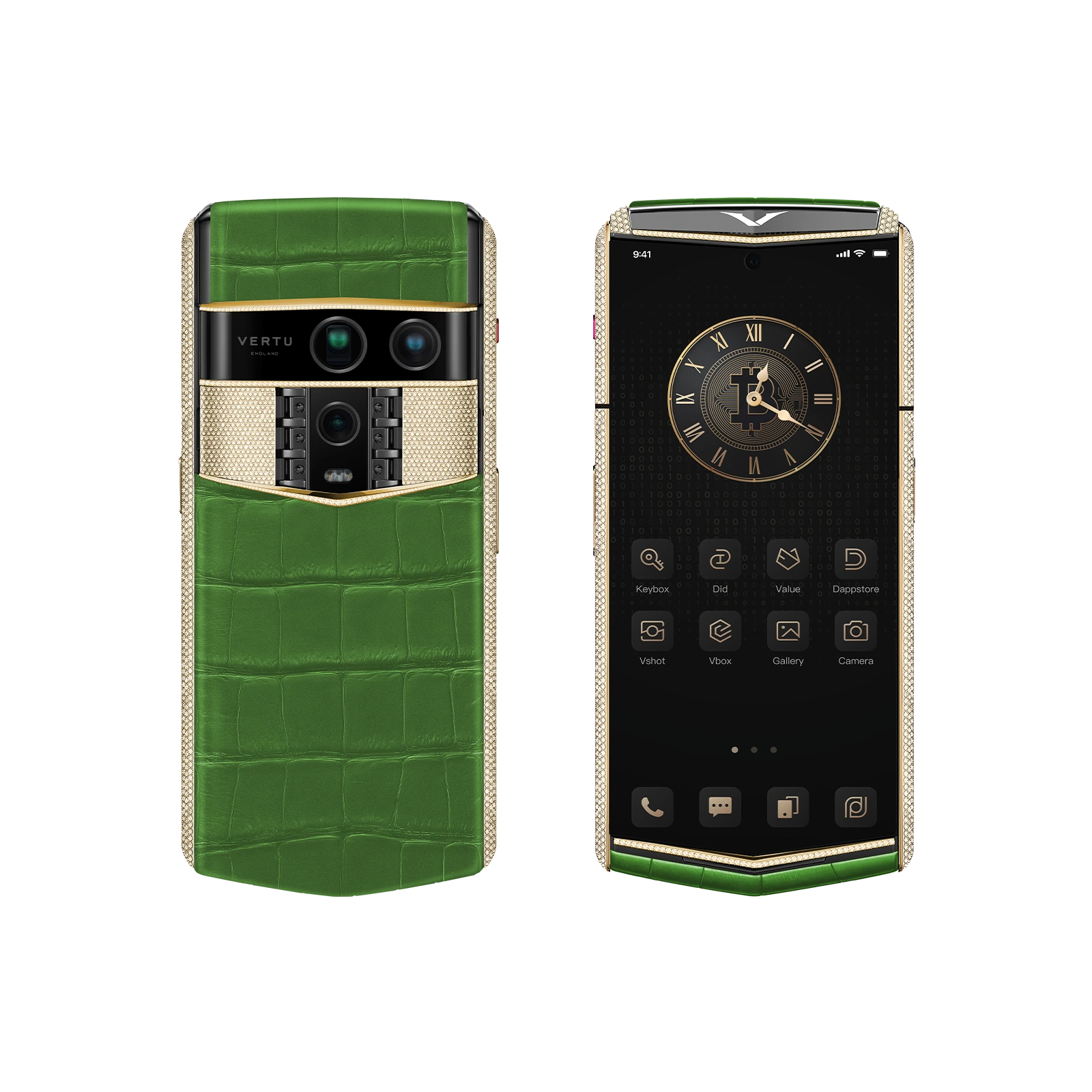 Vertu Agent Q Alligator Gold and Full Diamond Bamboo Green Bespoke luxury smartphone front and back view featuring premium alligator leather in bamboo green with gold accents and full diamond detailing, bespoke craftsmanship and high-end design