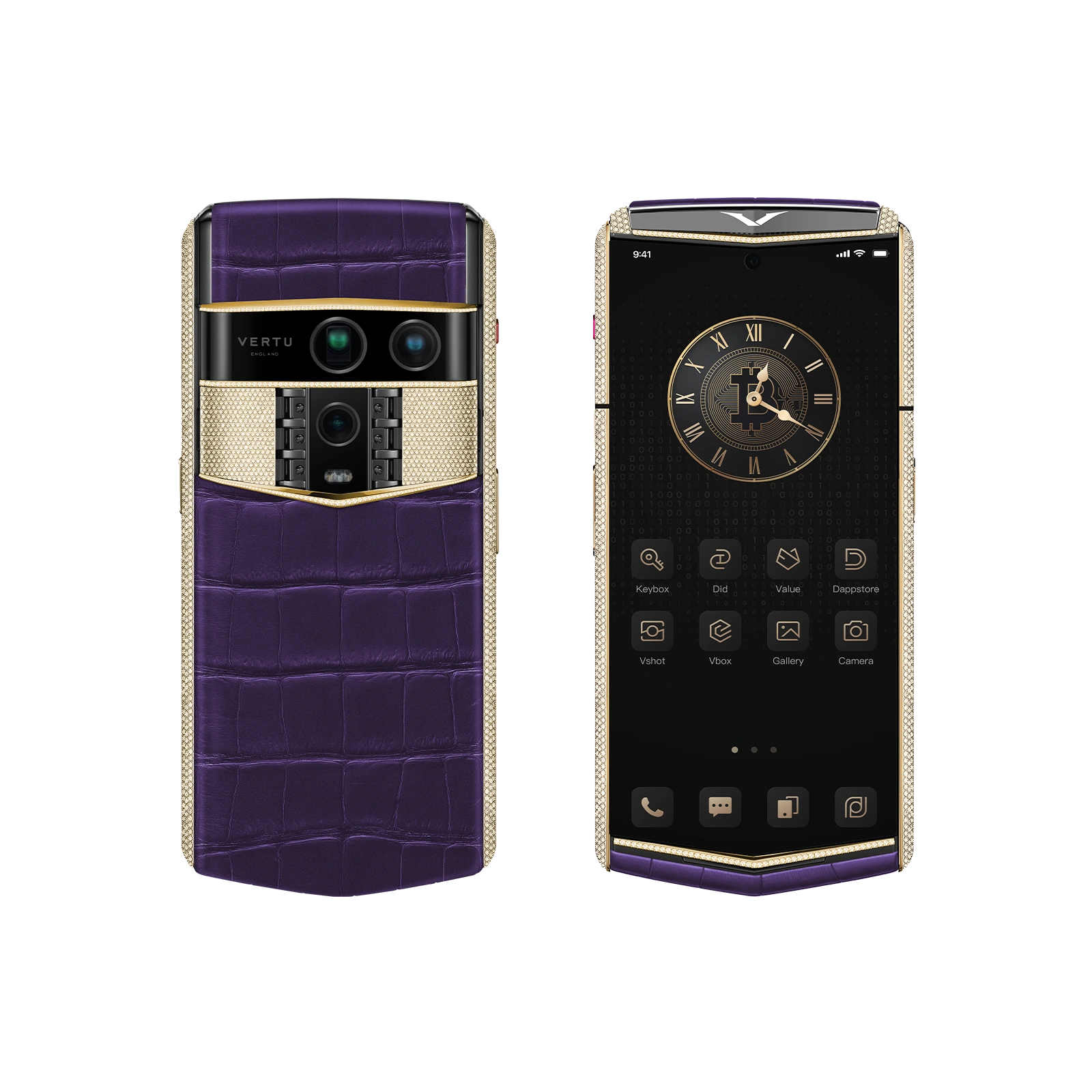 Vertu Agent Q Alligator Gold and Full Diamond Iron Black luxury smartphone front and back view featuring premium alligator leather in iron black with gold accents and full diamond detailing, exceptional craftsmanship and high-end design