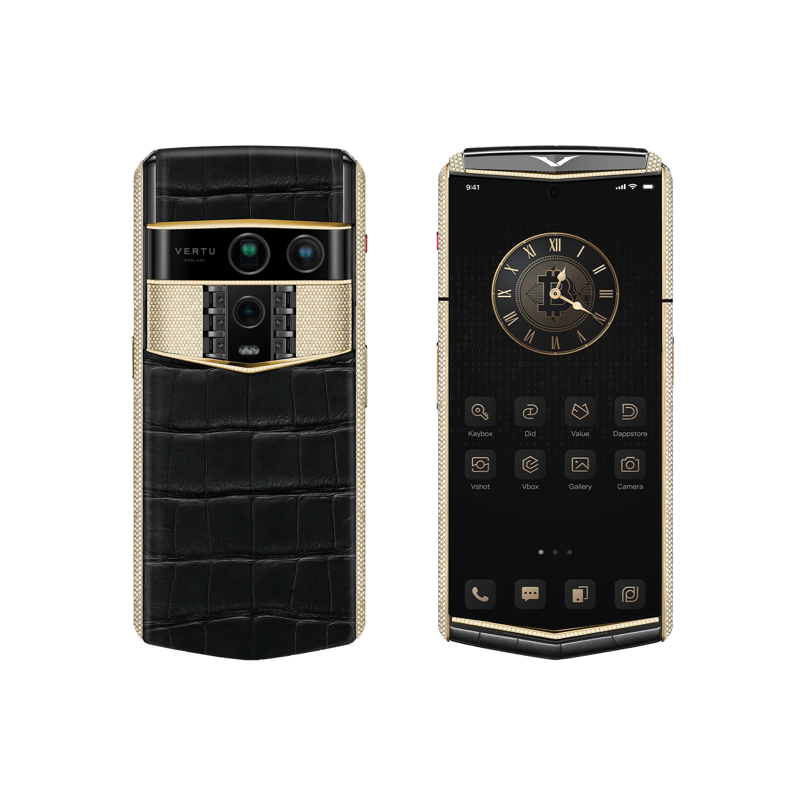 Vertu Agent Q Alligator Gold and Full Diamond Iron Black luxury smartphone front and back view featuring premium alligator leather in iron black with gold accents and full diamond detailing, exceptional craftsmanship and high-end design