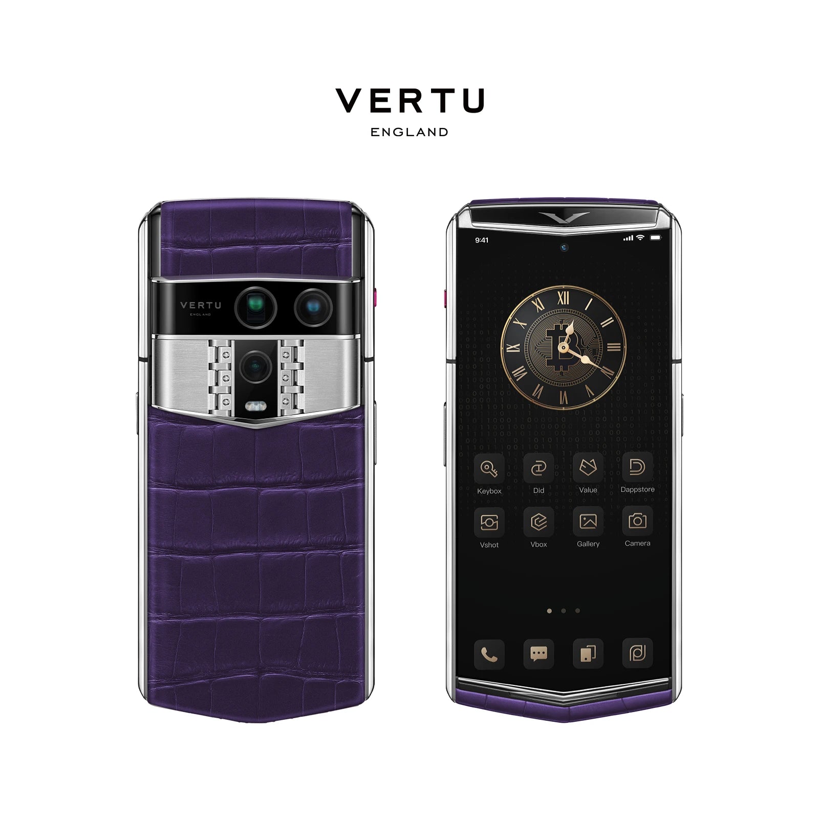 Vertu Agent Q Alligator Grape Purple luxury smartphone front and back view featuring premium alligator leather in vibrant grape purple, elegant design and high-end craftsmanship