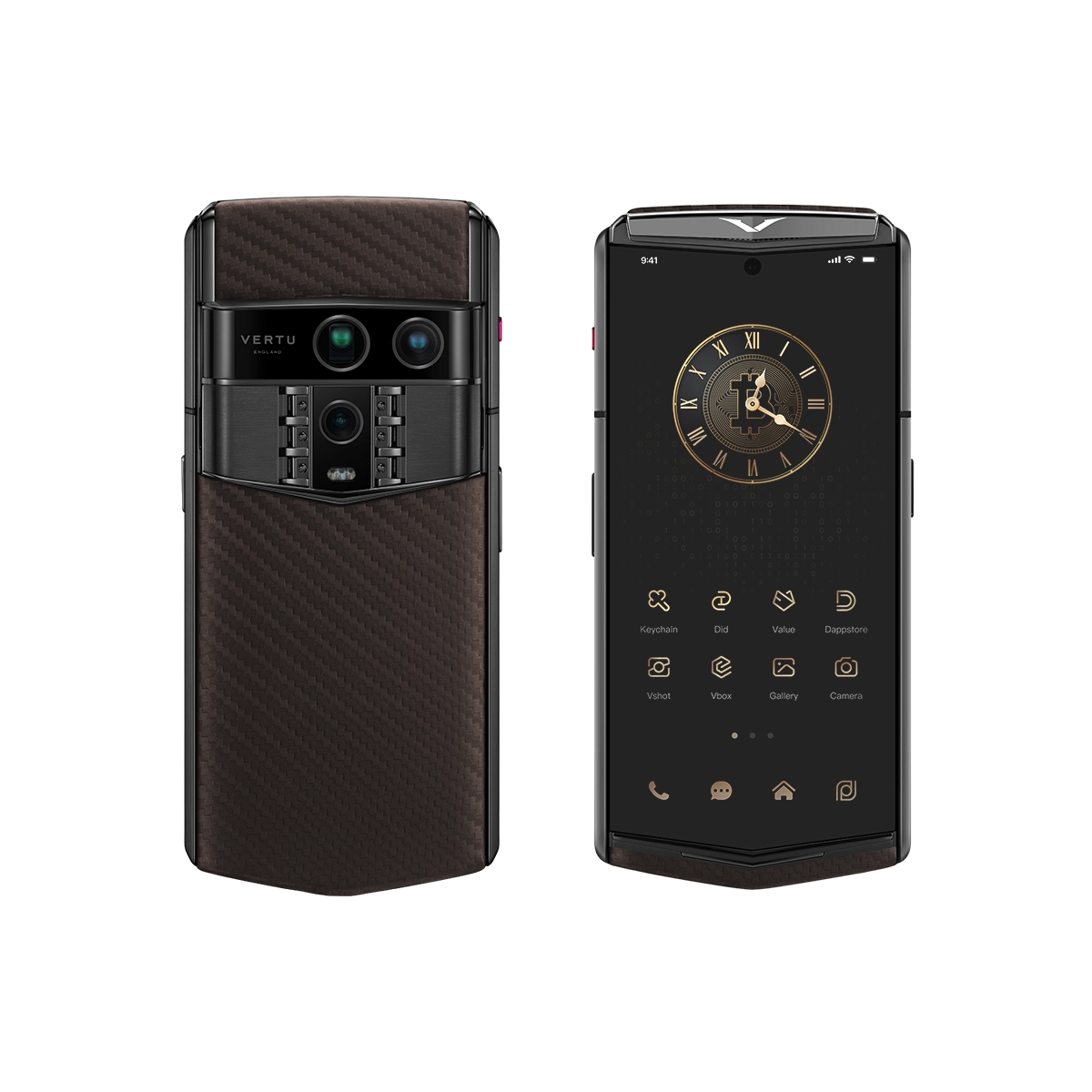 Vertu Agent Q Carbon Pattern Calfskin luxury smartphone front and back view featuring premium carbon pattern calfskin leather, modern texture design and high-end craftsmanship