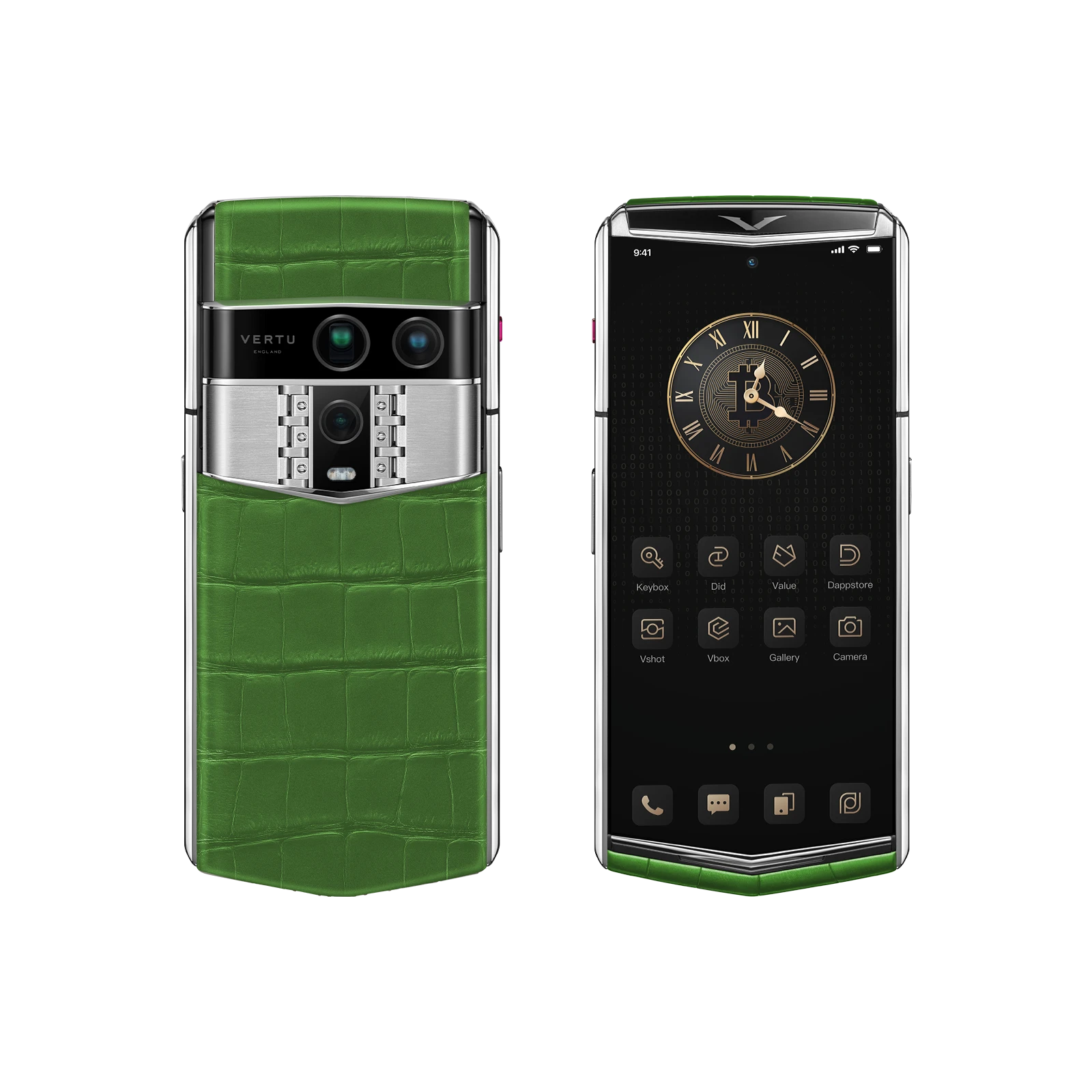 Vertu Agent Q Colourful Alligator Bamboo Green luxury smartphone front and back view featuring premium alligator leather in bamboo green, elegant design and high-end craftsmanship