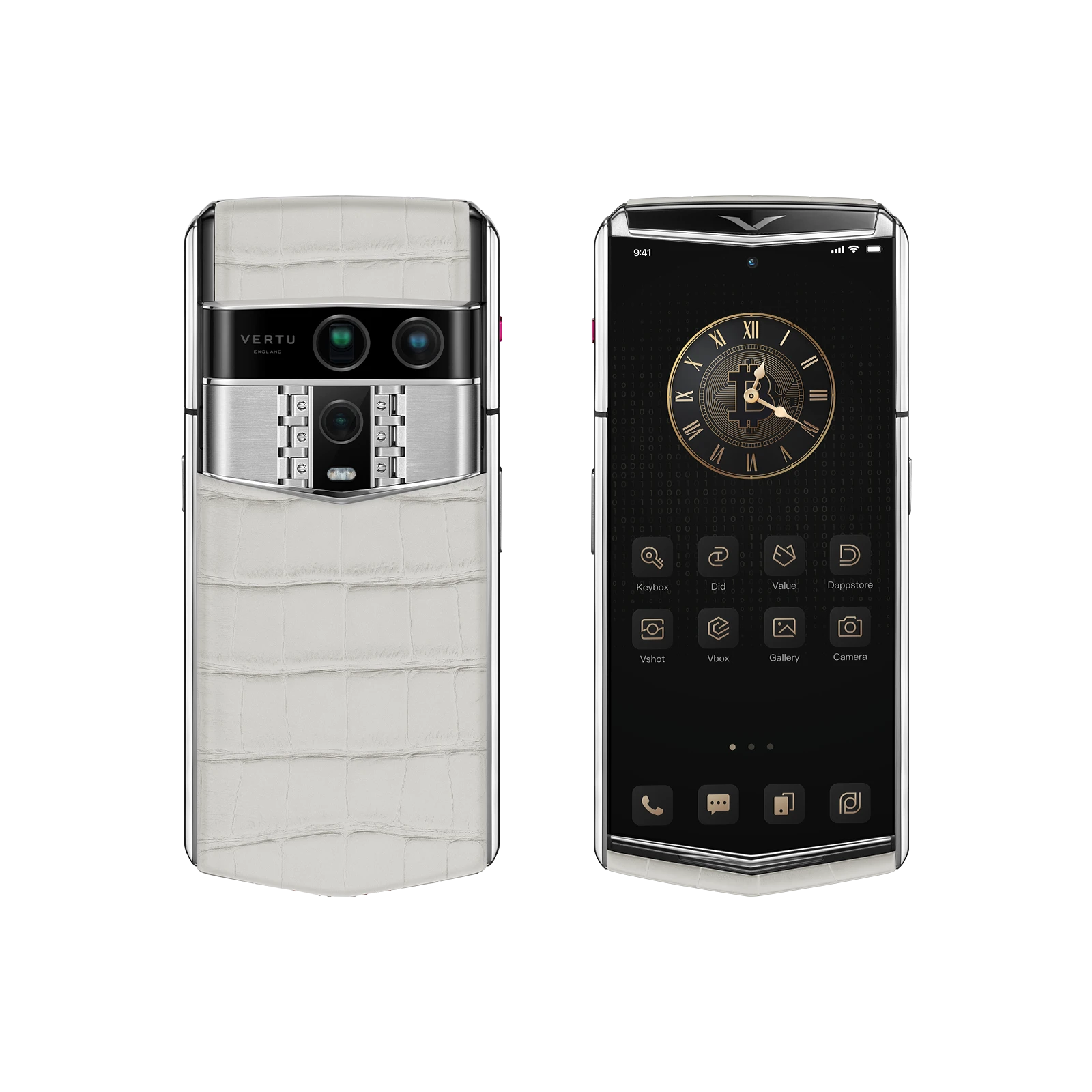 Vertu Agent Q Colourful Alligator Glacier White luxury smartphone front and back view featuring premium alligator leather in elegant glacier white, refined design and high-end craftsmanship