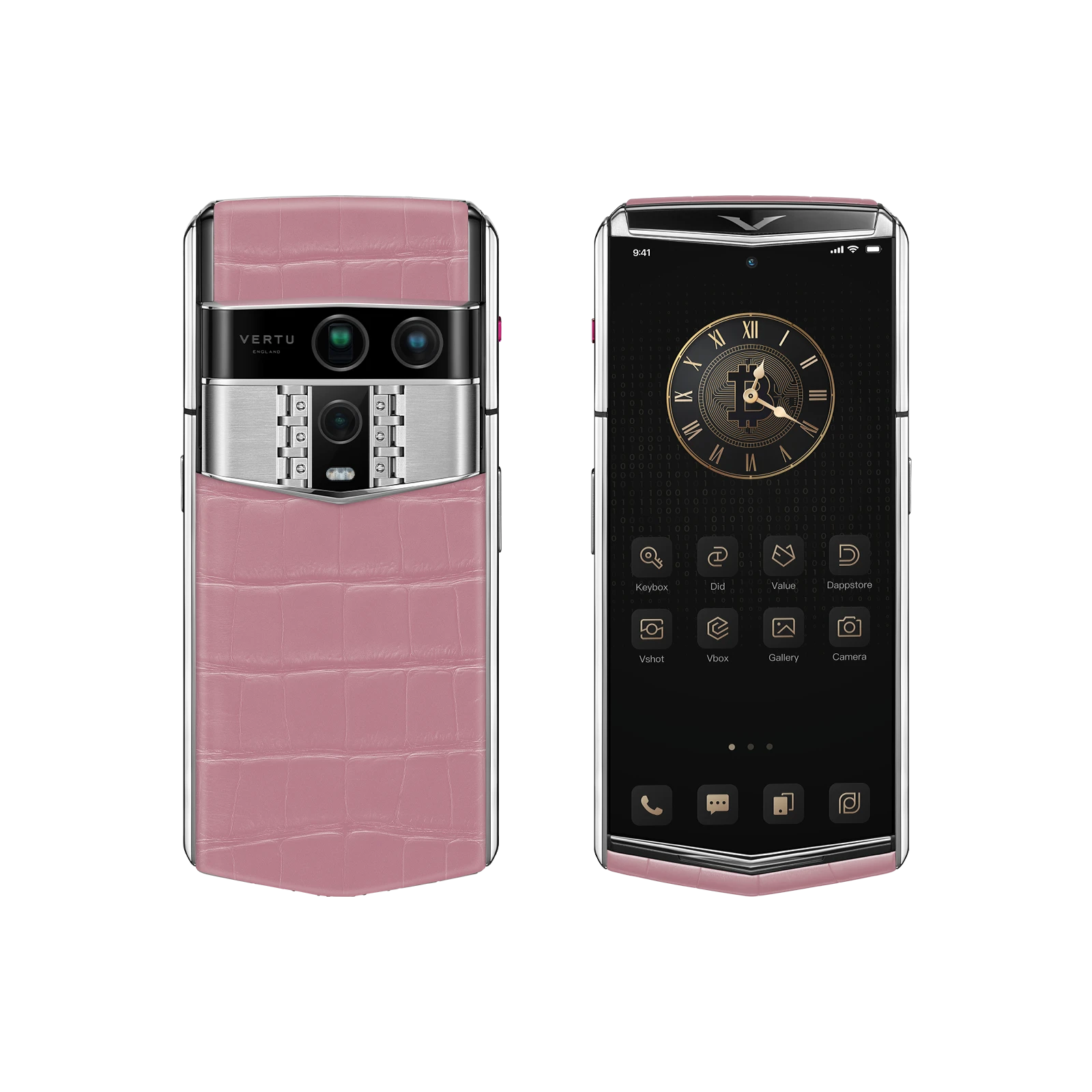Vertu Agent Q Colourful Alligator Sakura Pink luxury smartphone front and back view featuring premium alligator leather in soft sakura pink, sophisticated design and high-end craftsmanship