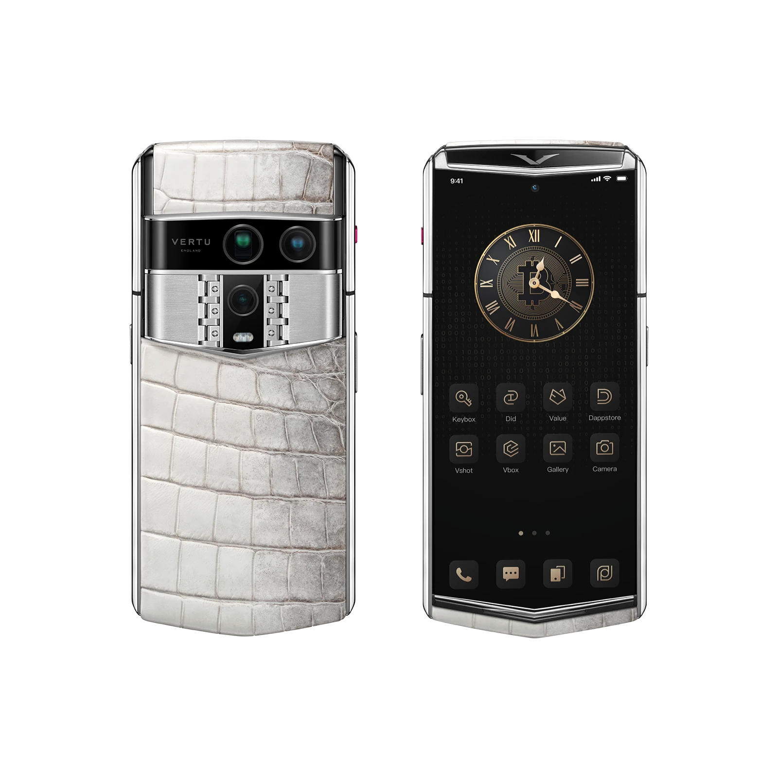 Vertu Agent Q Himalaya Alligator luxury smartphone front and back view featuring premium alligator leather in Himalaya finish, elegant design and high-end craftsmanship