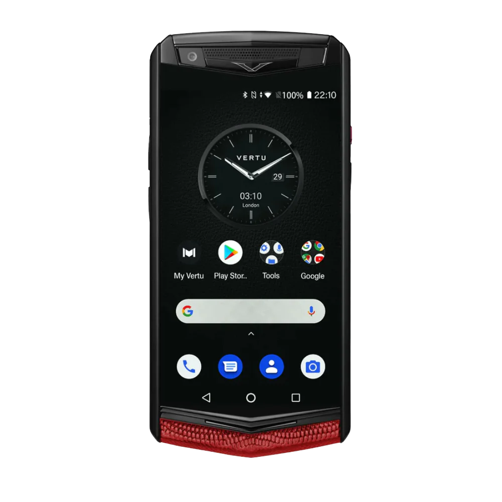vertu aster p gothic chinese red front: elegant lizard skin with a polished titanium v-wing design.