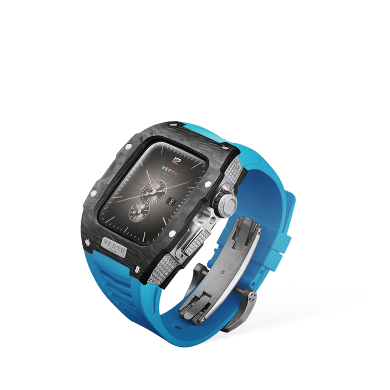 VERTU Fusion Watch Black Diamond Blue Strap Luxury Smartwatch Perspective Side View Studio Shot
