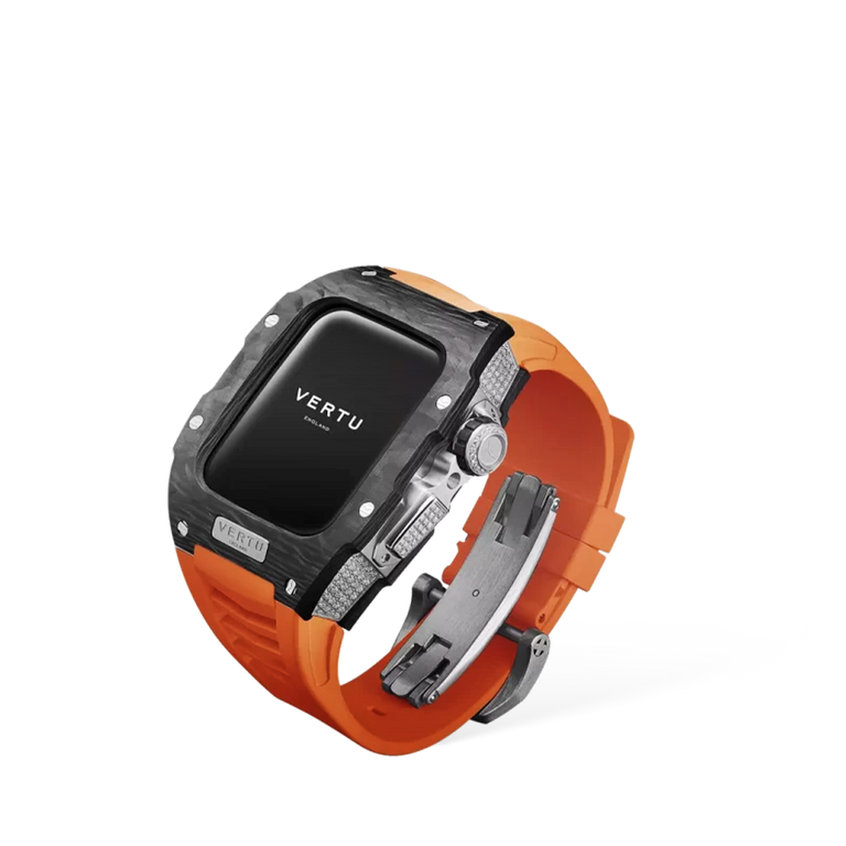 VERTU Fusion Watch Black Diamond Orange Strap Luxury Smartwatch Perspective Side View Studio Shot