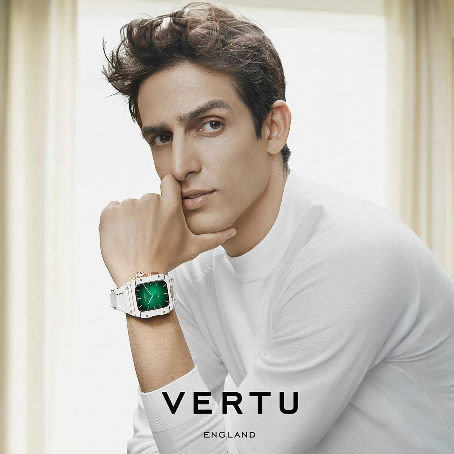 VERTU Fusion Watch Black Diamond White Strap Luxury Smartwatch Lifestyle Portrait View on Wrist