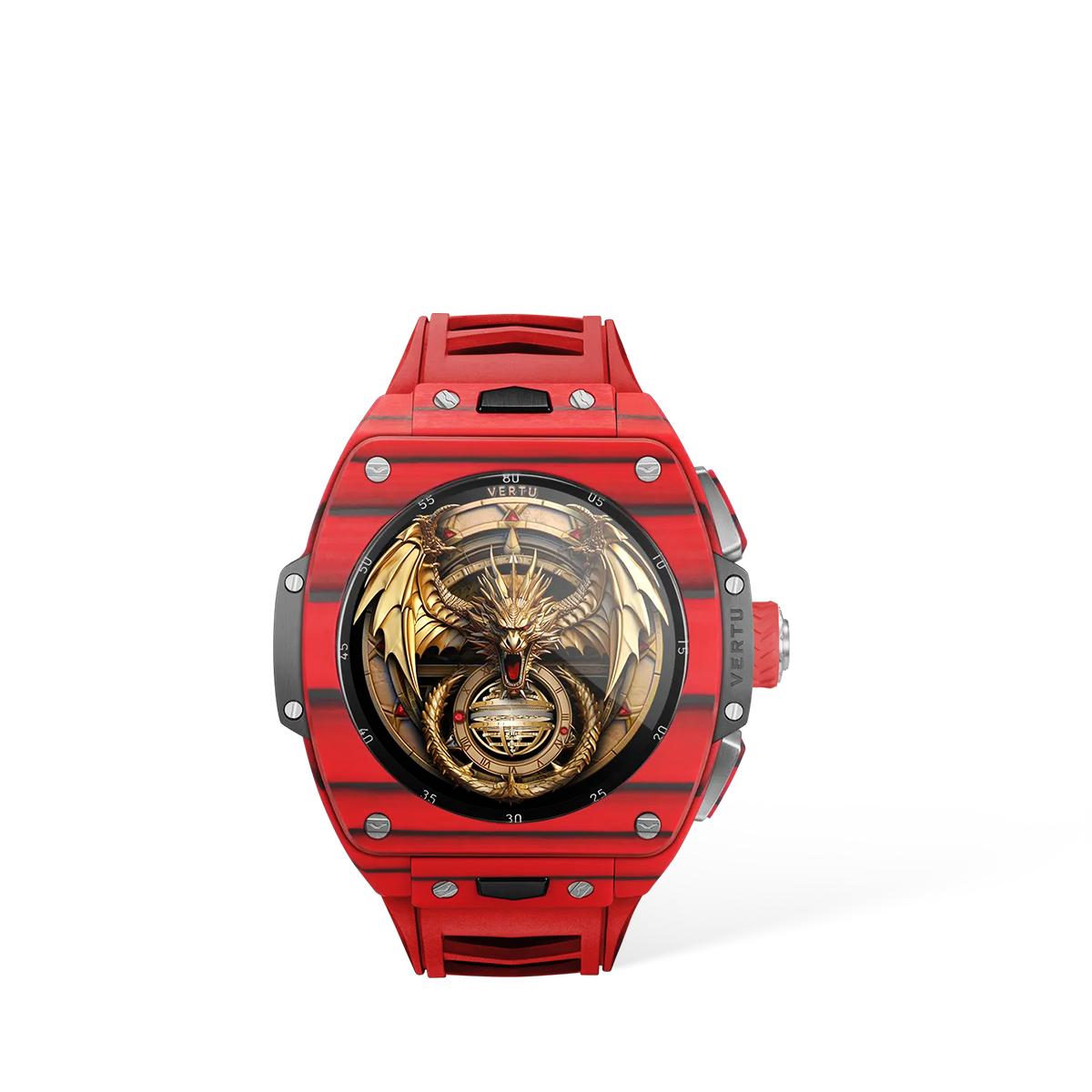 VERTU Grand Watch Grizzly Red Devil Carbon Fiber Luxury Smartwatch Studio Front View Displaying Dial