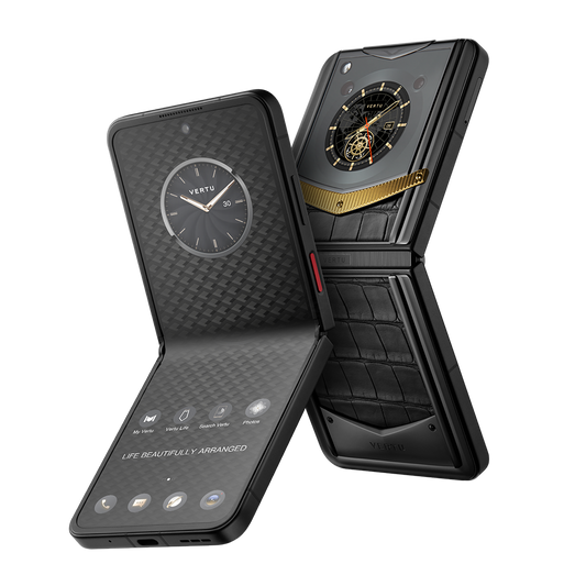 Vertu Ironflip Basalt Black Yellow Gold Luxury Foldable Phone showing front screen and rear view.