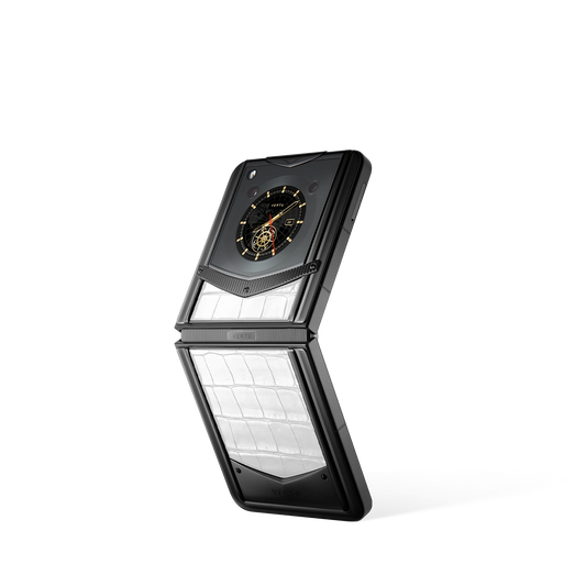 VERTU IRONFLIP Creamy White Alligator Skin Luxury Folding Phone Half Folded View