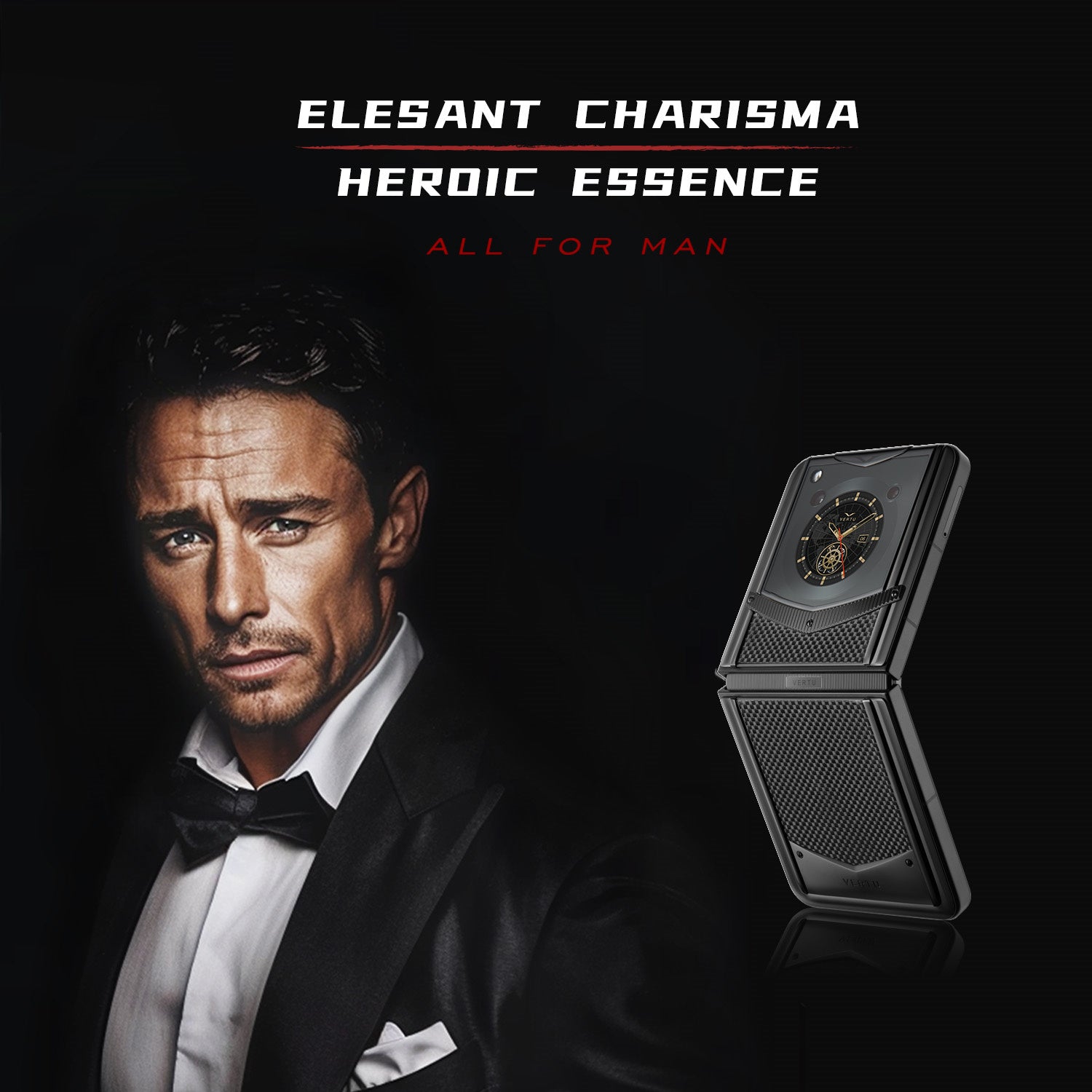 VERTU IRONFLIP Black Carbon Fiber Luxury Folding Phone Front Angle with Male Model