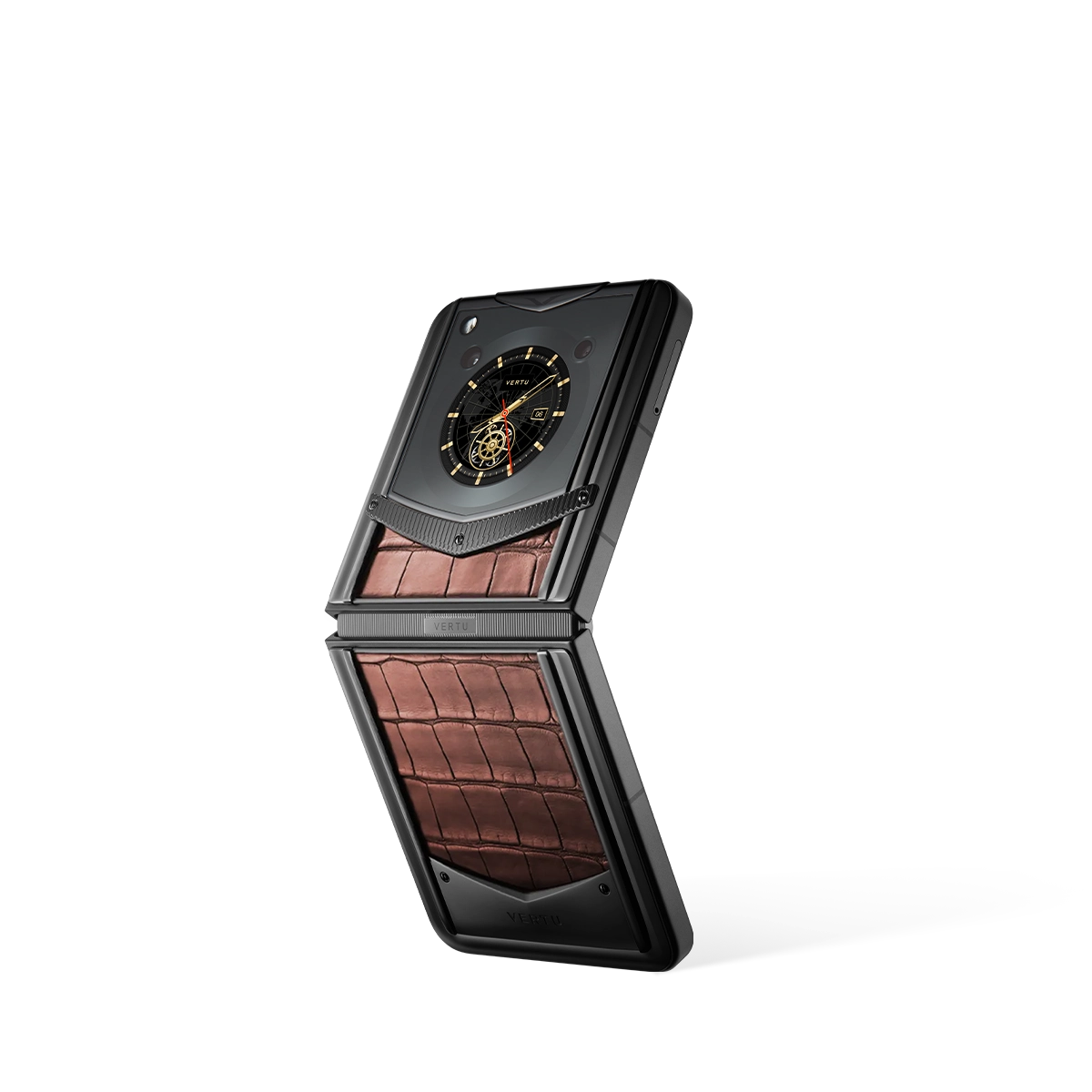 VERTU IRONFLIP Classic Black Carbon Texture Luxury Folding Phone Half Folded View
