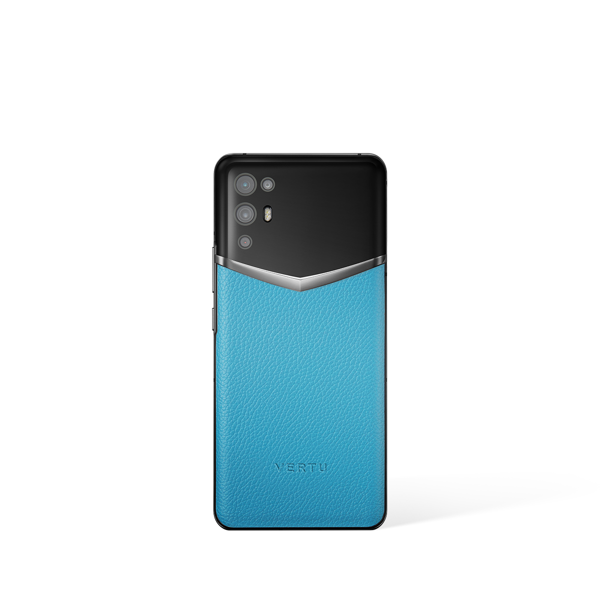 vertu ivertu 5g back view: vibrant lake blue calfskin leather with a polished metal strip design.