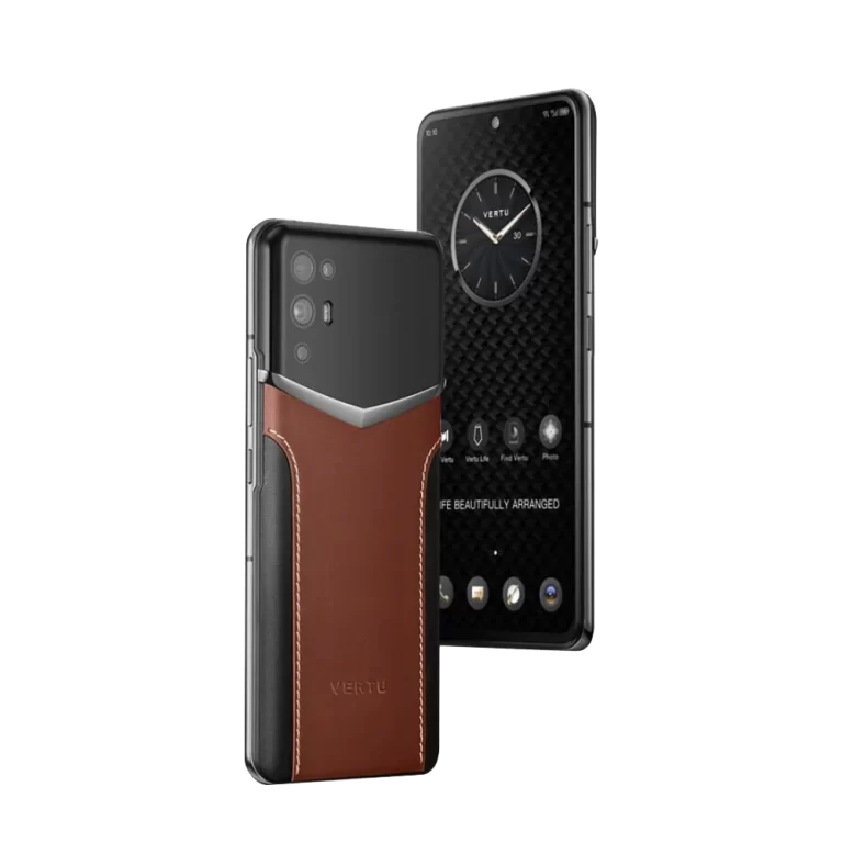 vertu ivertu 5g side: premium brown and black stitching leather with a slim profile and polished metal titanium frame.