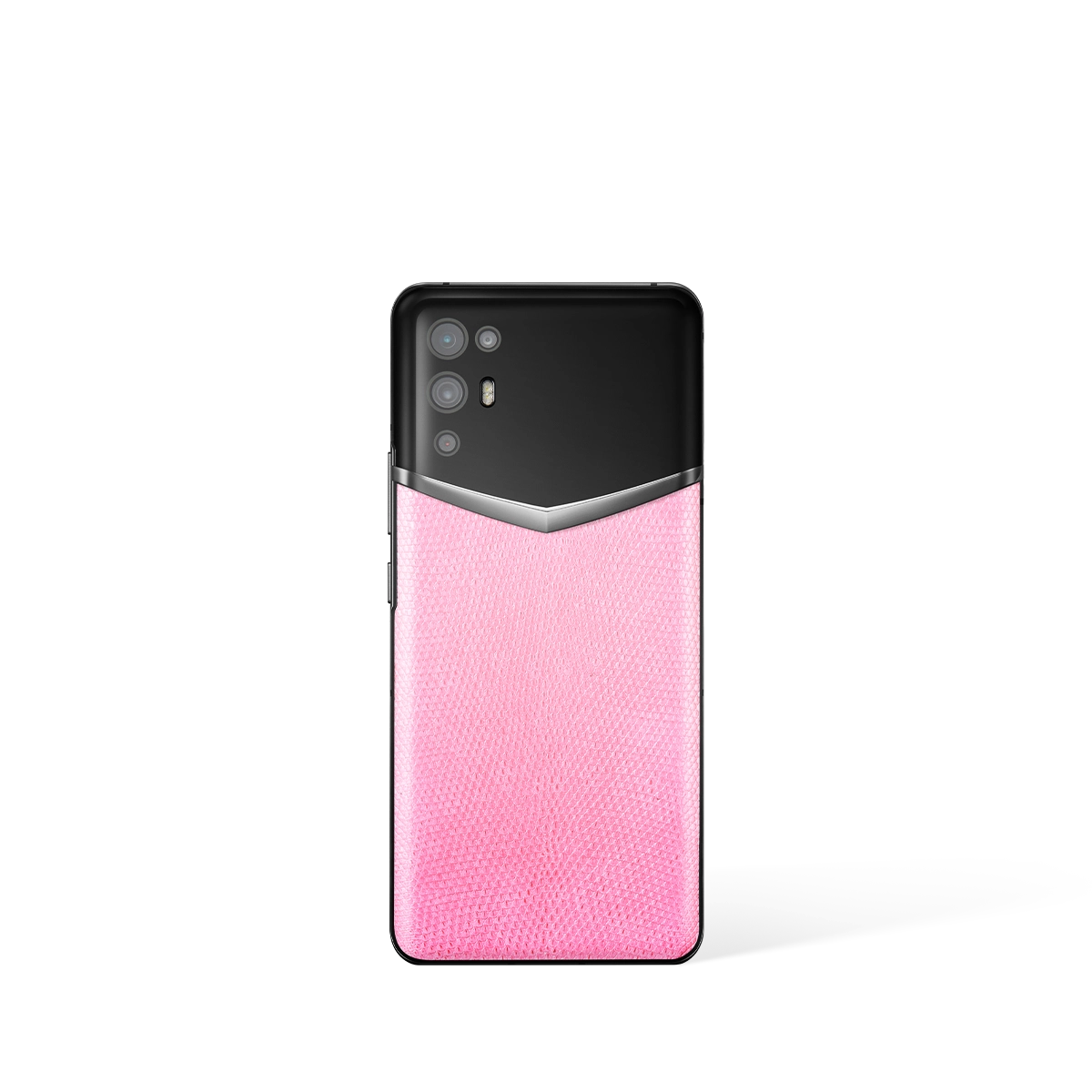 vertu ivertu 5g back view: soft peach pink lizard skin with fine textures and a signature polished metal strip.