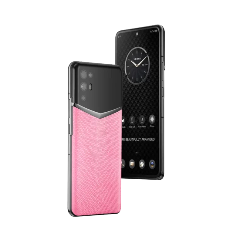 vertu ivertu 5g side view: luxury peach pink lizard leather with a slim and polished metal titanium frame.