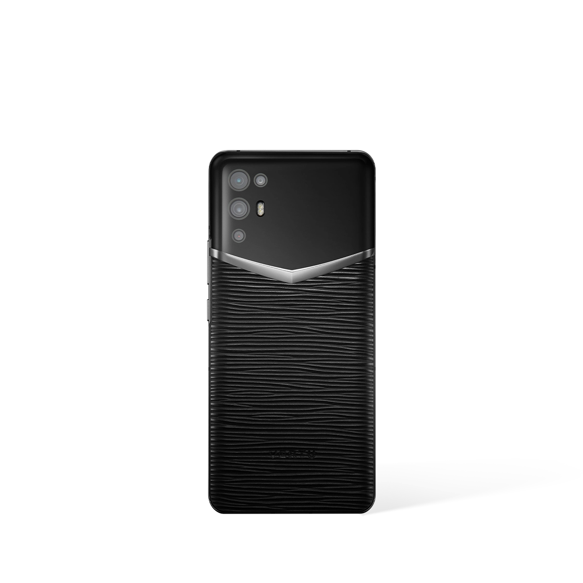 vertu ivertu 5g back: smooth perpetual night black procella calfskin leather with a signature polished metal strip.