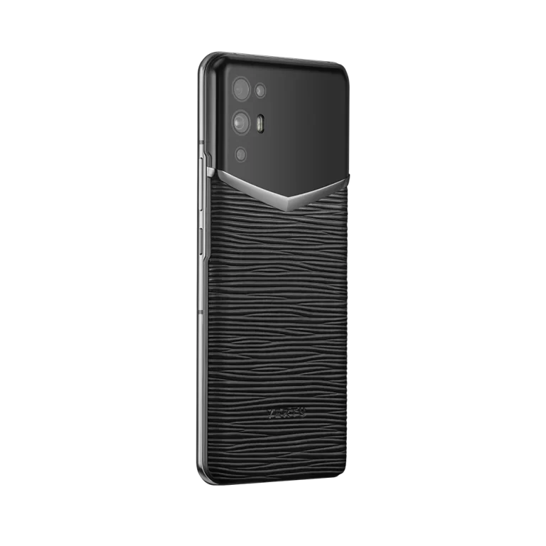 vertu ivertu 5g angled view: showcasing the sleek perpetual night black procella calfskin and refined metal craftsmanship.
