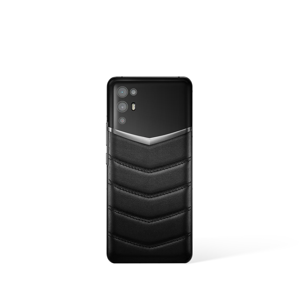 vertu ivertu 5g back: premium black calfskin with signature v-quitting pattern and a polished metal strip.