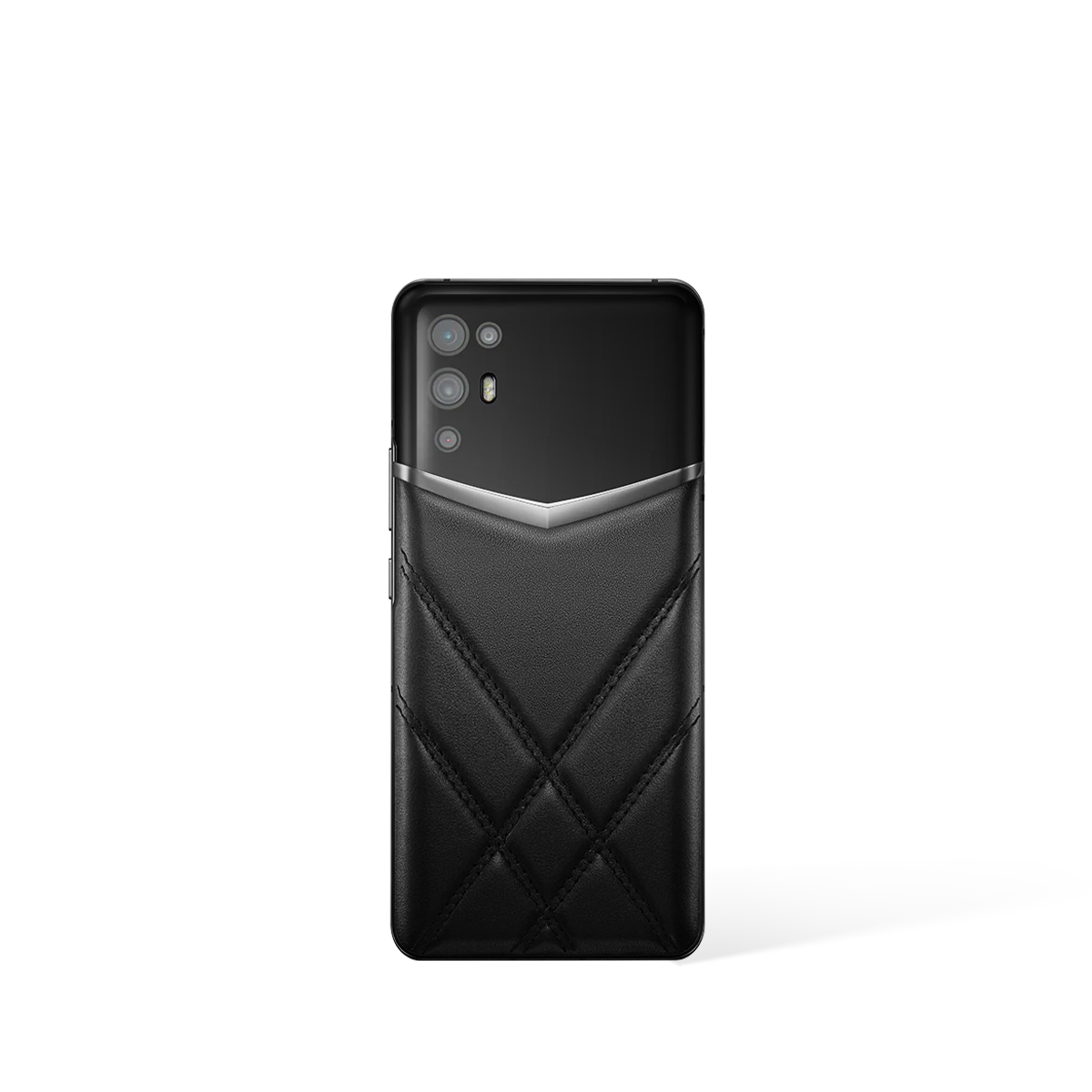 vertu ivertu 5g back: premium black calfskin with signature x-quitting pattern and a polished metal strip.