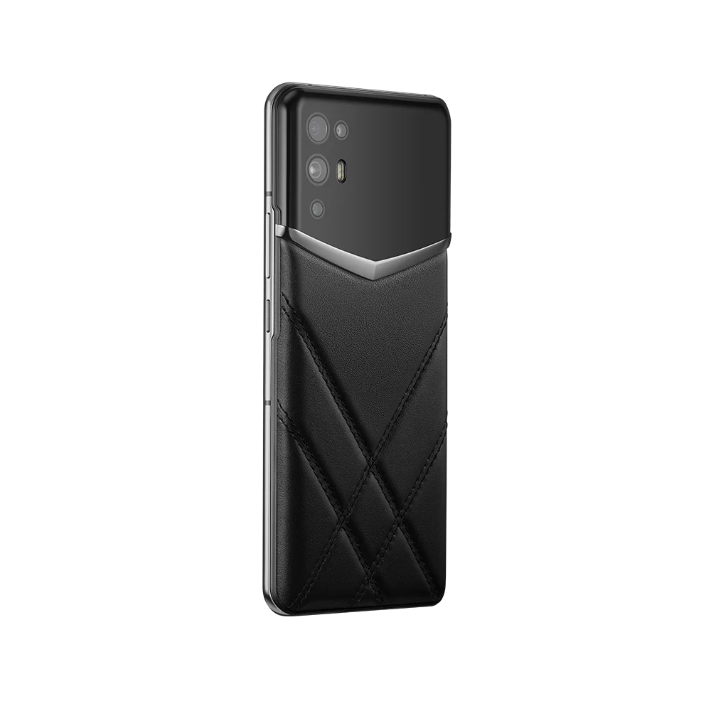 vertu ivertu 5g angled view: highlighting the iconic x-quitting black leather texture and refined metal frame.