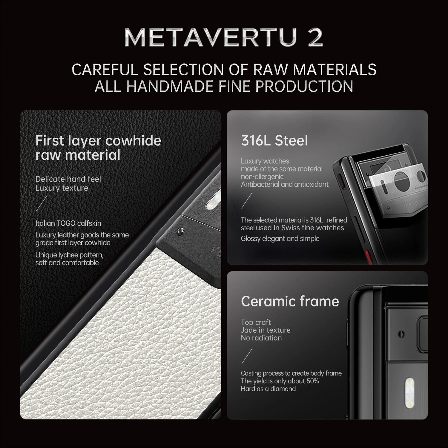 Metavertu Max Calfskin Black Ceramic Frame Silver Plate martphone highlighting its Italian calfskin 316L steel and ceramic frame craftsmanship
