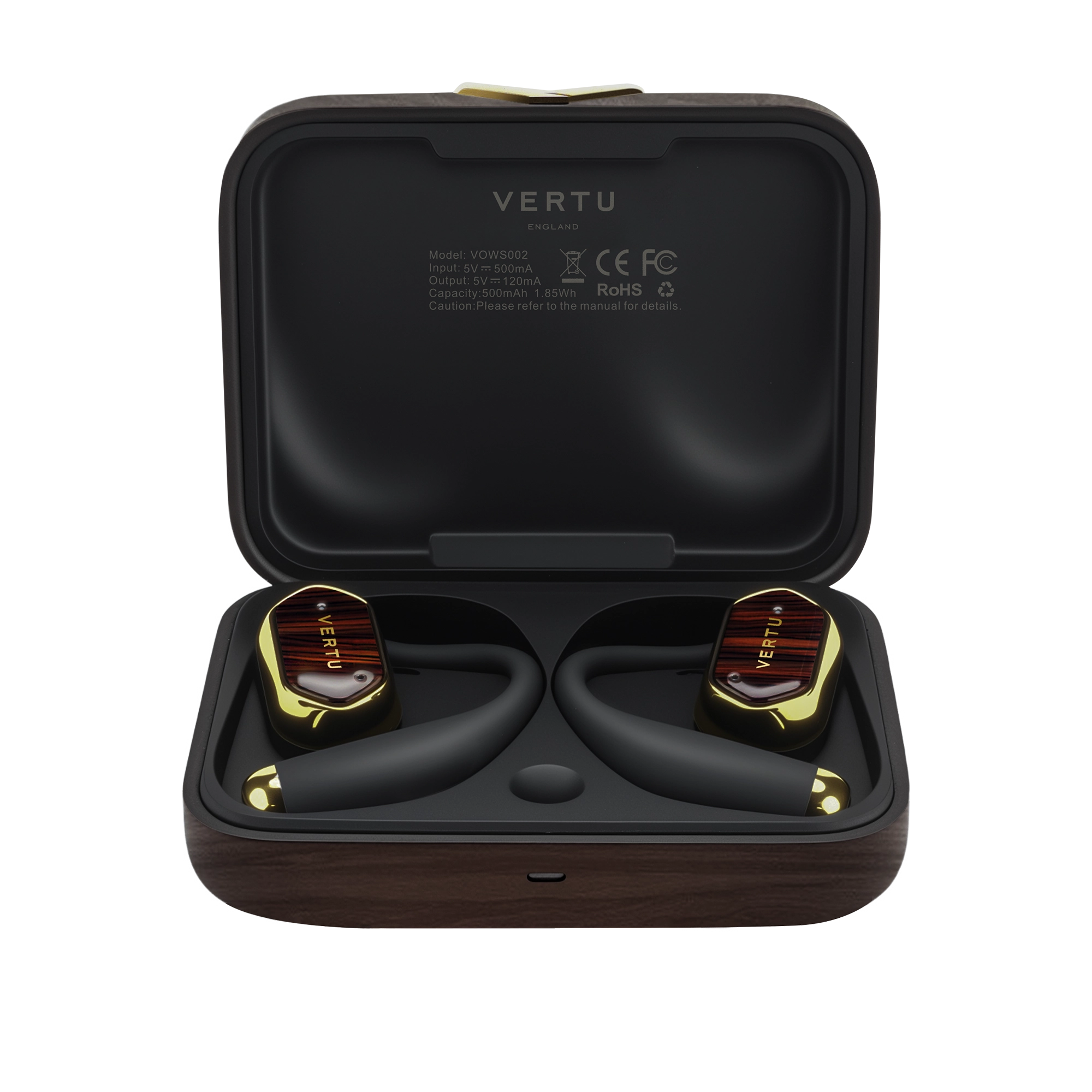 VERTU Phantom Series OWS AI Earbuds in Wenge Wood Premium Open Ear Headphones Side Profile