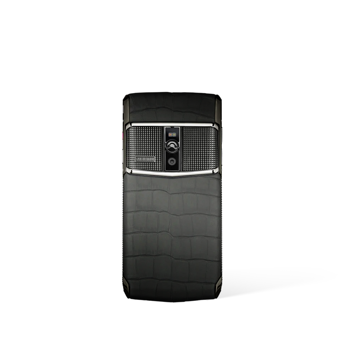 vertu signature touch back view: premium handcrafted black alligator skin with grade 5 titanium gull-wing doors and signature V-shape detailing.